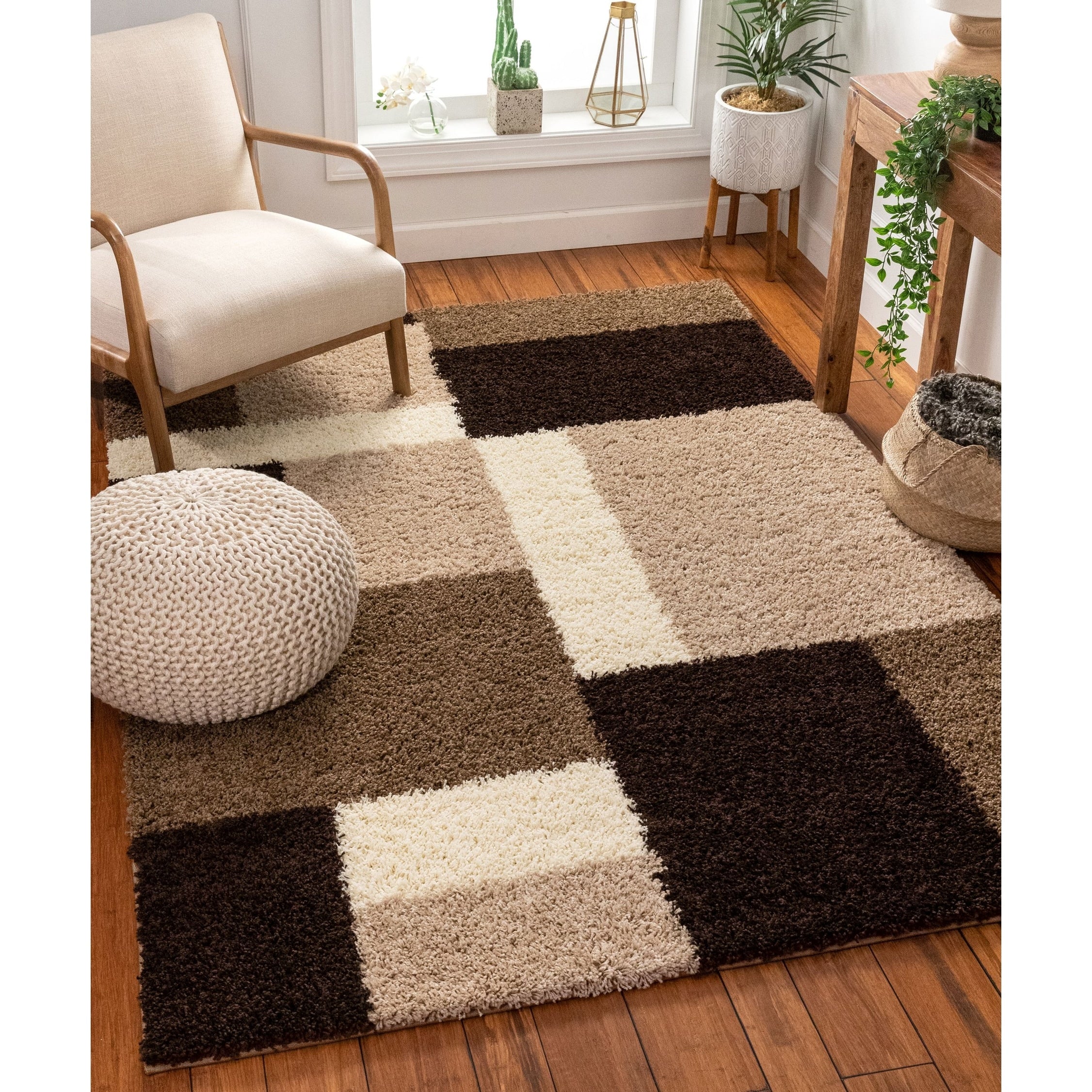 Well Woven Modern Brown Geometric Squares Area Rug 5 X 72