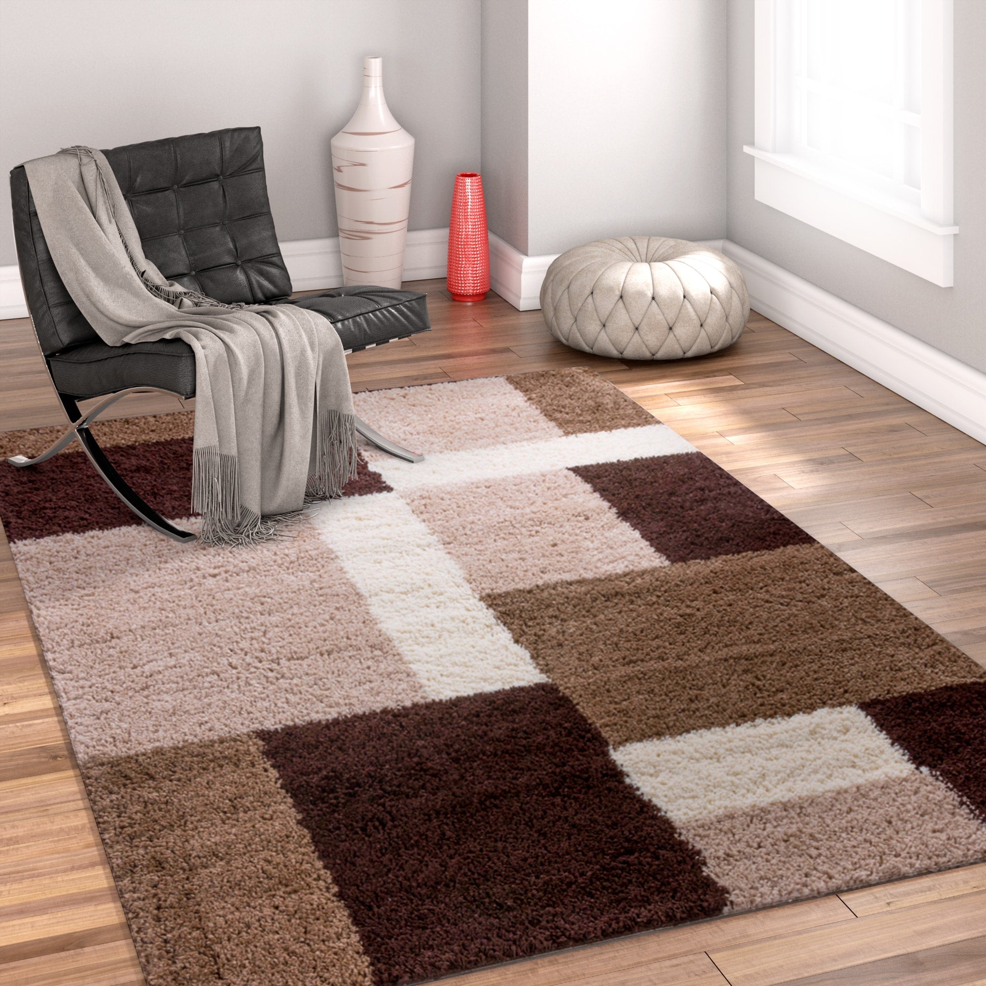 Well Woven Modern Geometric Squares Brown Area Rug 33 X 53