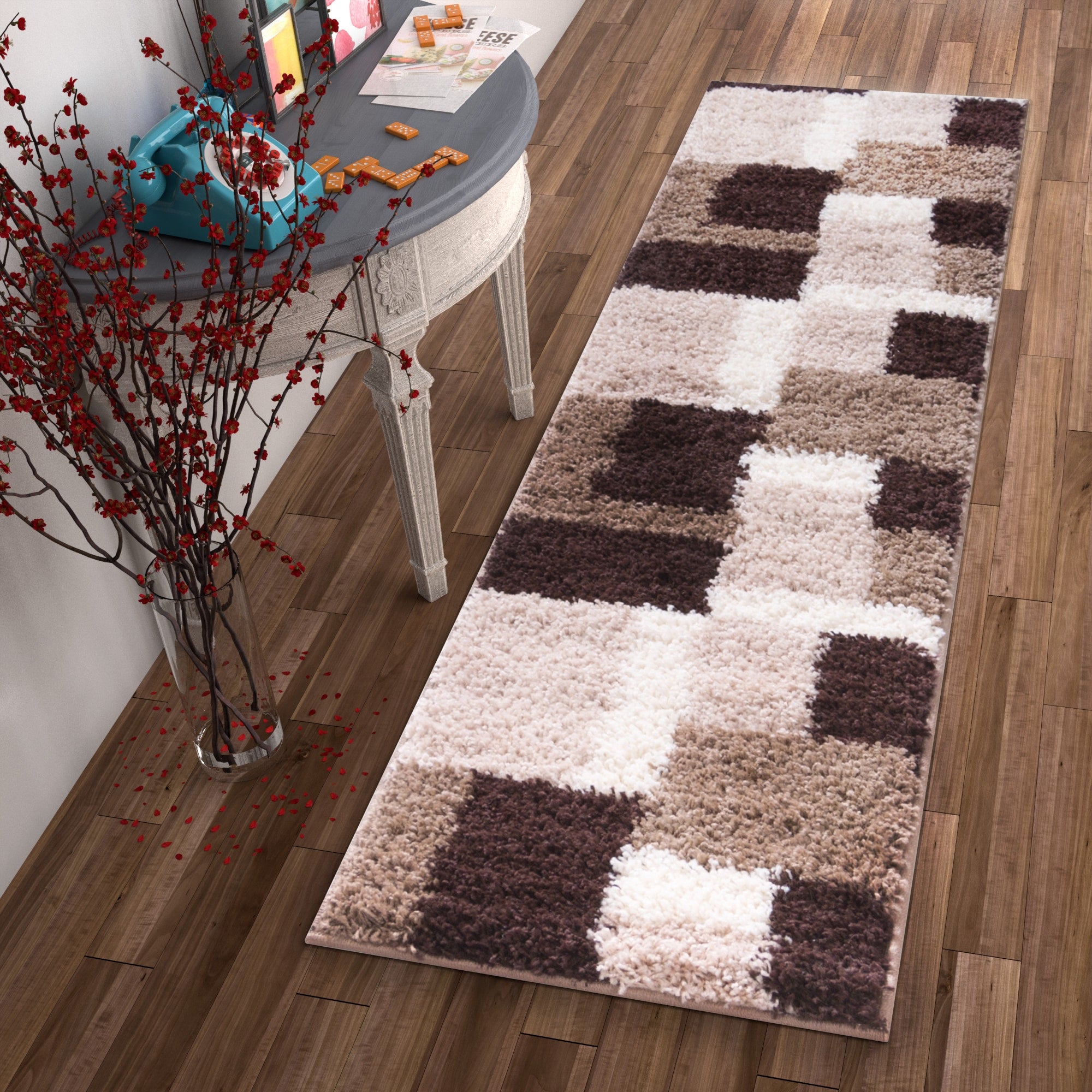 Well Woven Modern Geometric Squares Brown Runner Rug 2 X 73