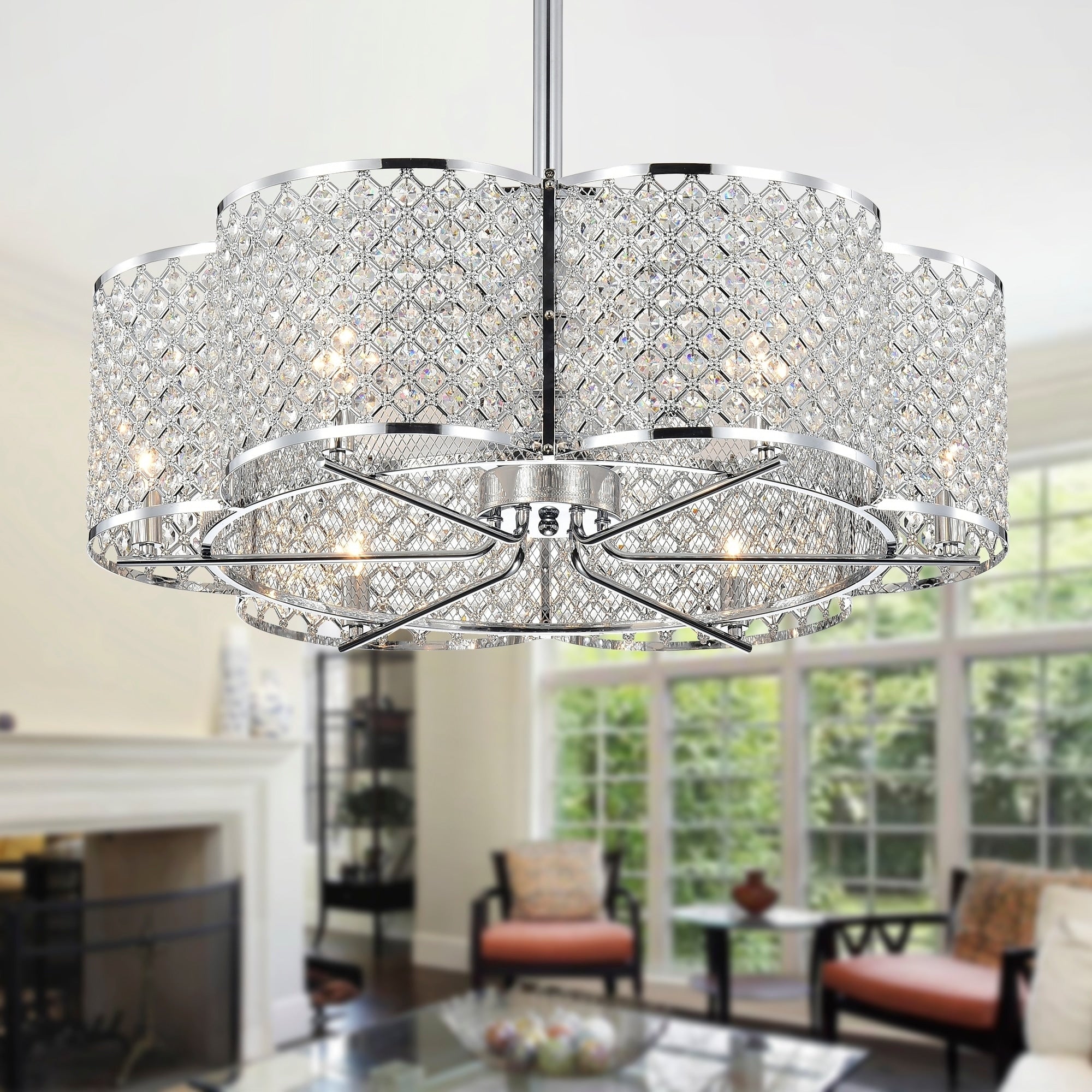 Wellane 30 Inch Chrome Crystal Fandelier Flower Lighted Ceiling Fan 30.1 In X H 29.5 In