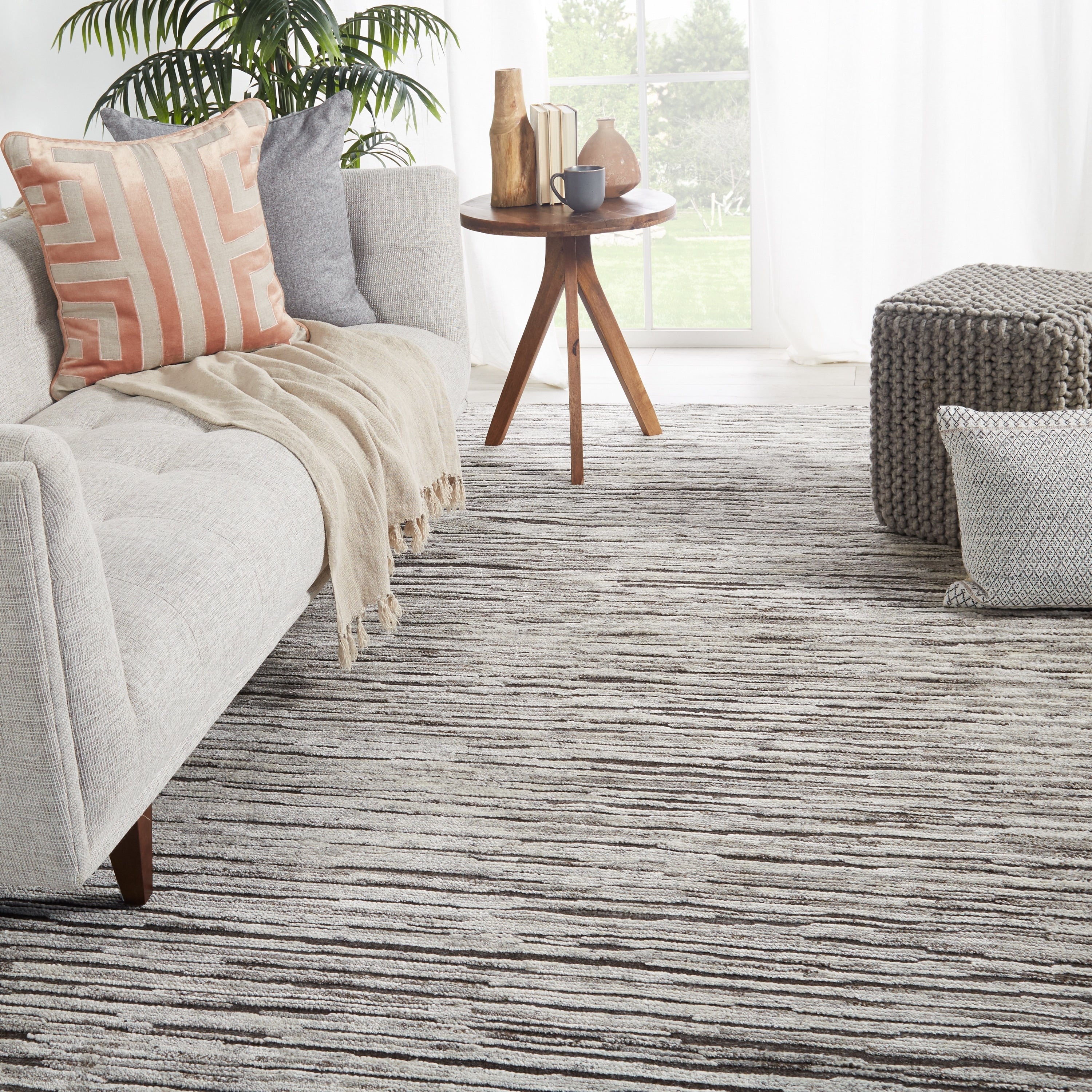Welles Hand Knotted Striped Dark Gray Ivory Area Rug