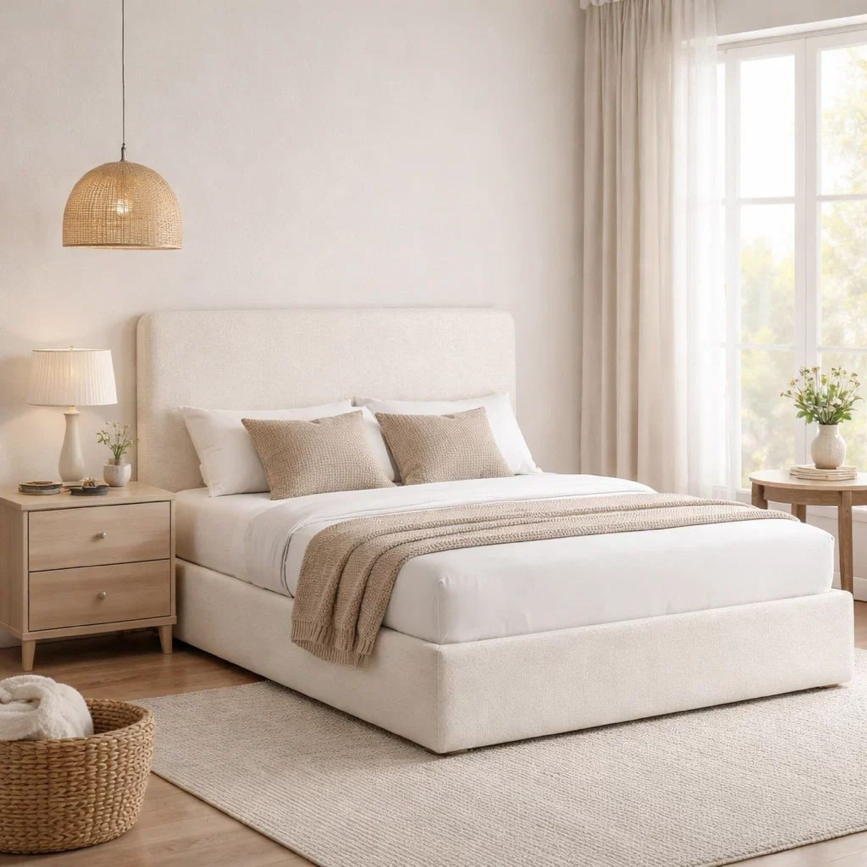 Welz Queen Size Bed With Tall Headboard Pearl White Chenille Upholstery