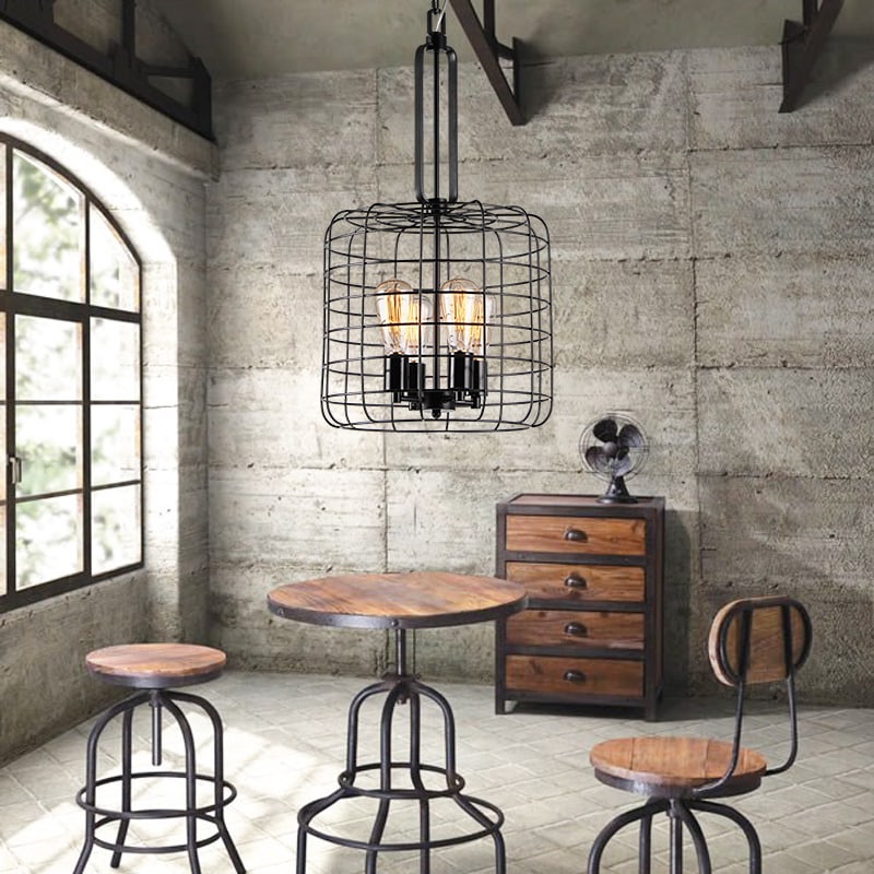 Weress 4 Light Pendant 15 Inch Black Metal Cage Shade With Included Edison Bulbs