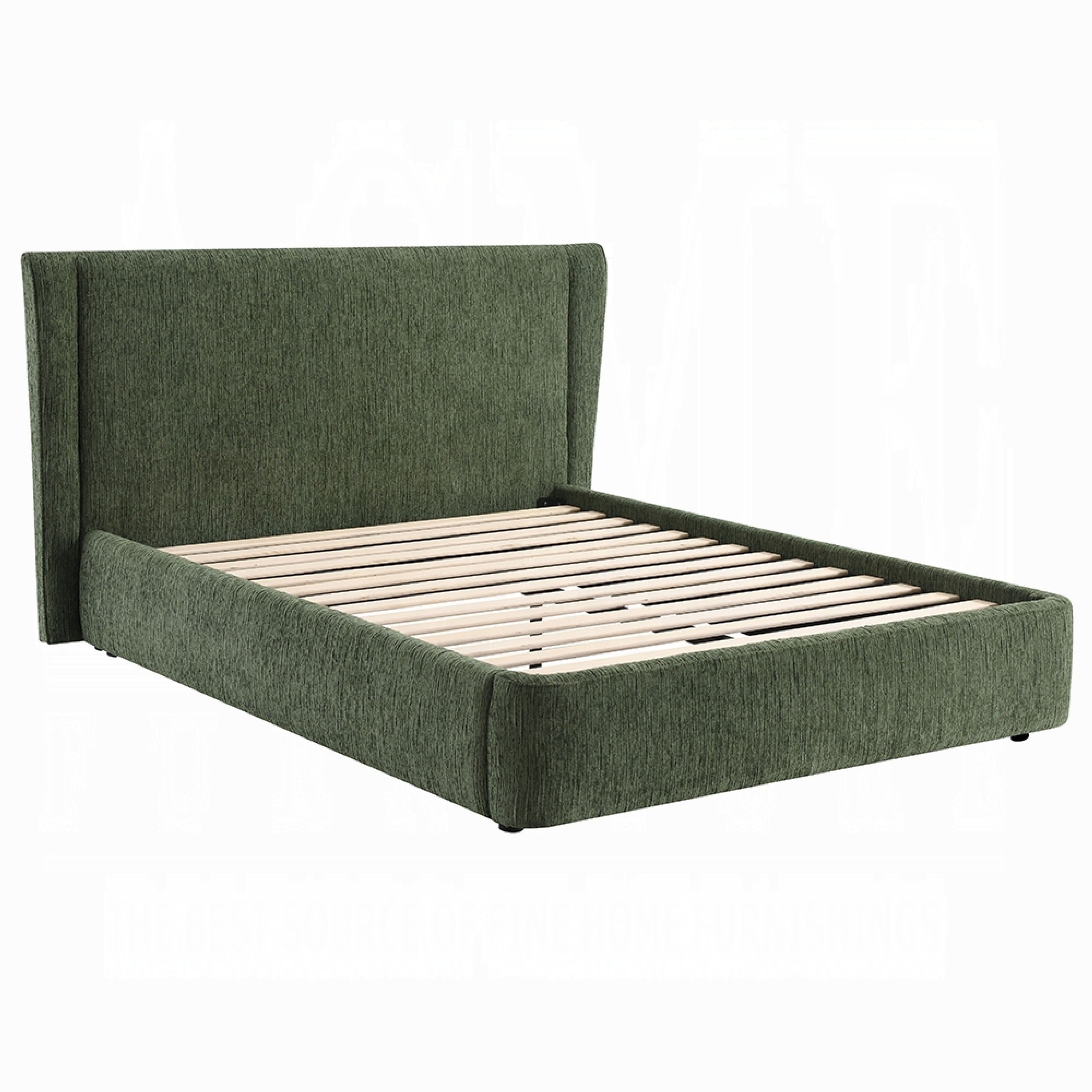 Wery Low Profile Queen Bed Textured Green Upholstered Wingback Headboard