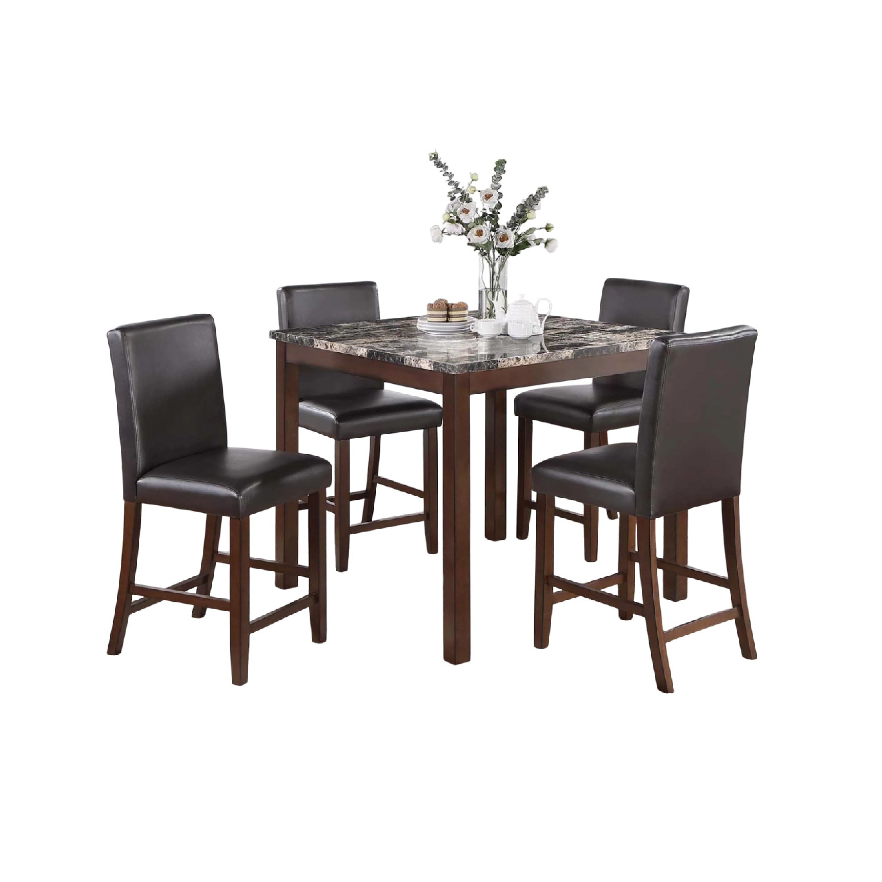 Wesley 5Pc Dining Table Set Black Faux Leather Faux Marble Cherry Brown