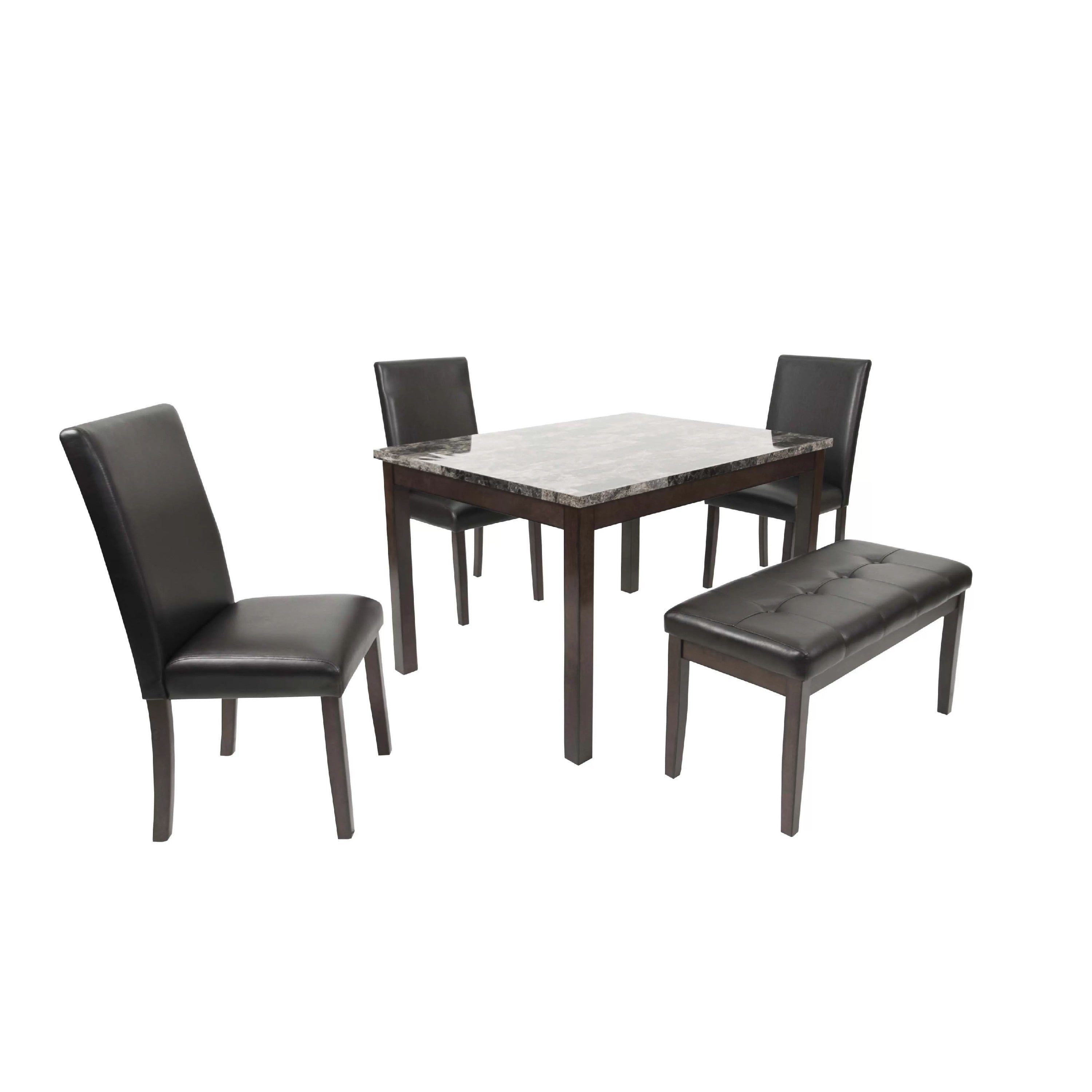 Wesley 5Pc Dining Table Set Black Faux Leather Faux Marble Cherry Brown