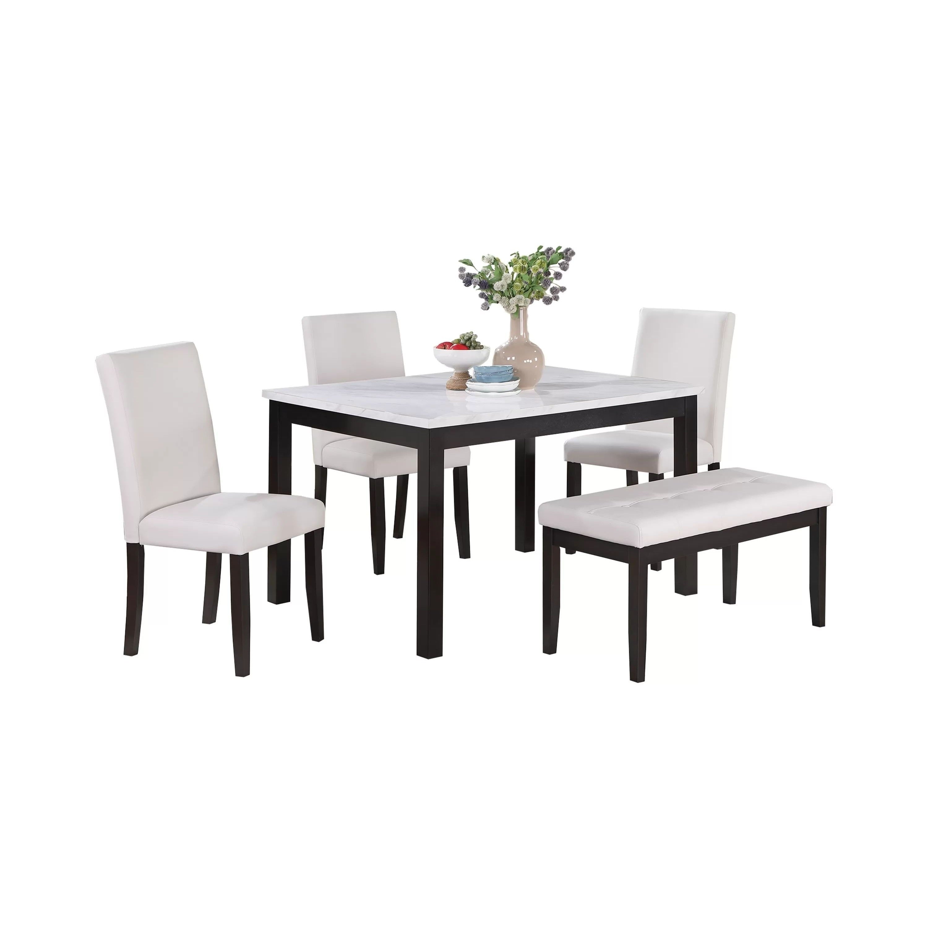 Wesley 5Pc Dining Table Set White Faux Leather Faux Marble Cherry Brown