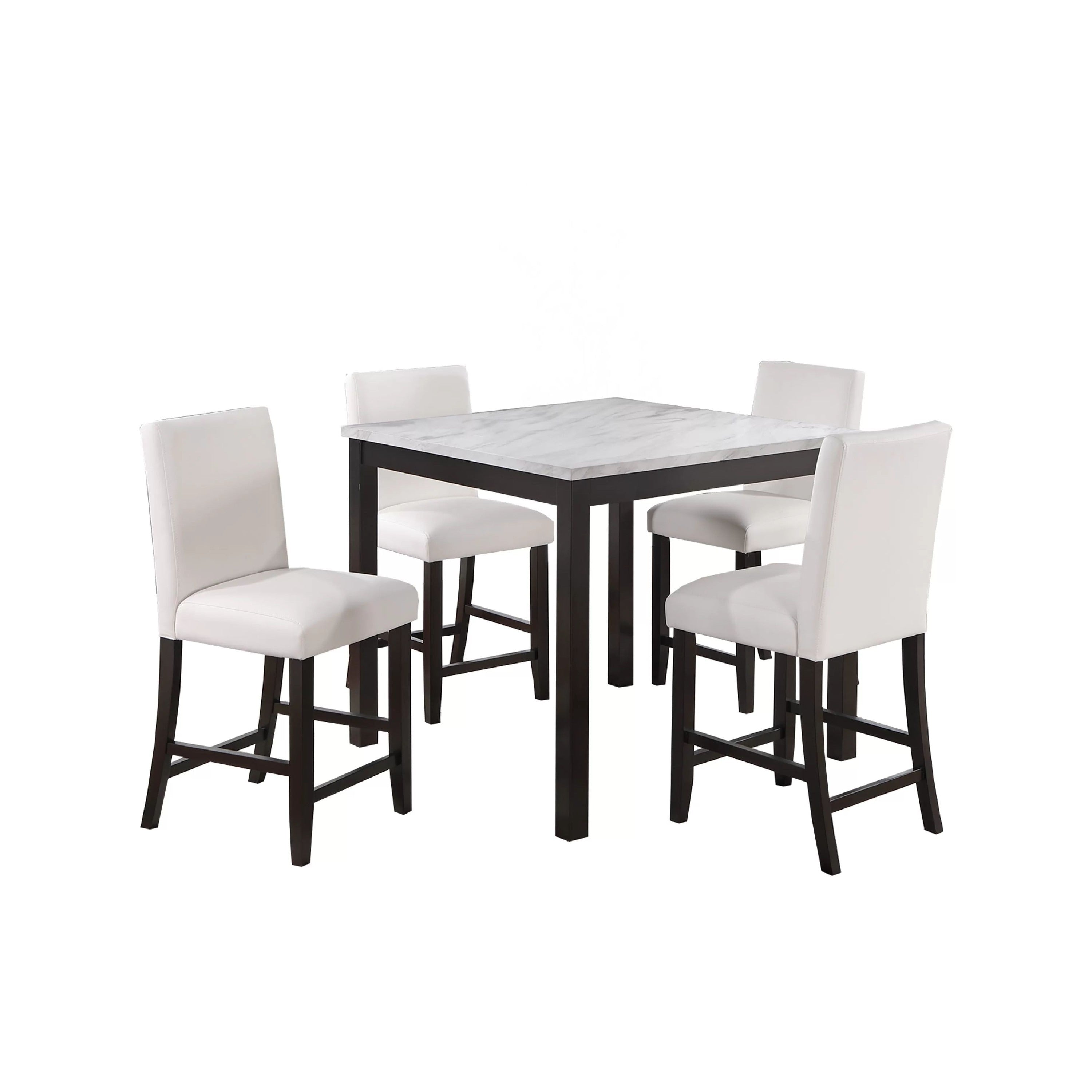 Wesley 5Pc Dining Table Set White Faux Leather Faux Marble Dark Brown