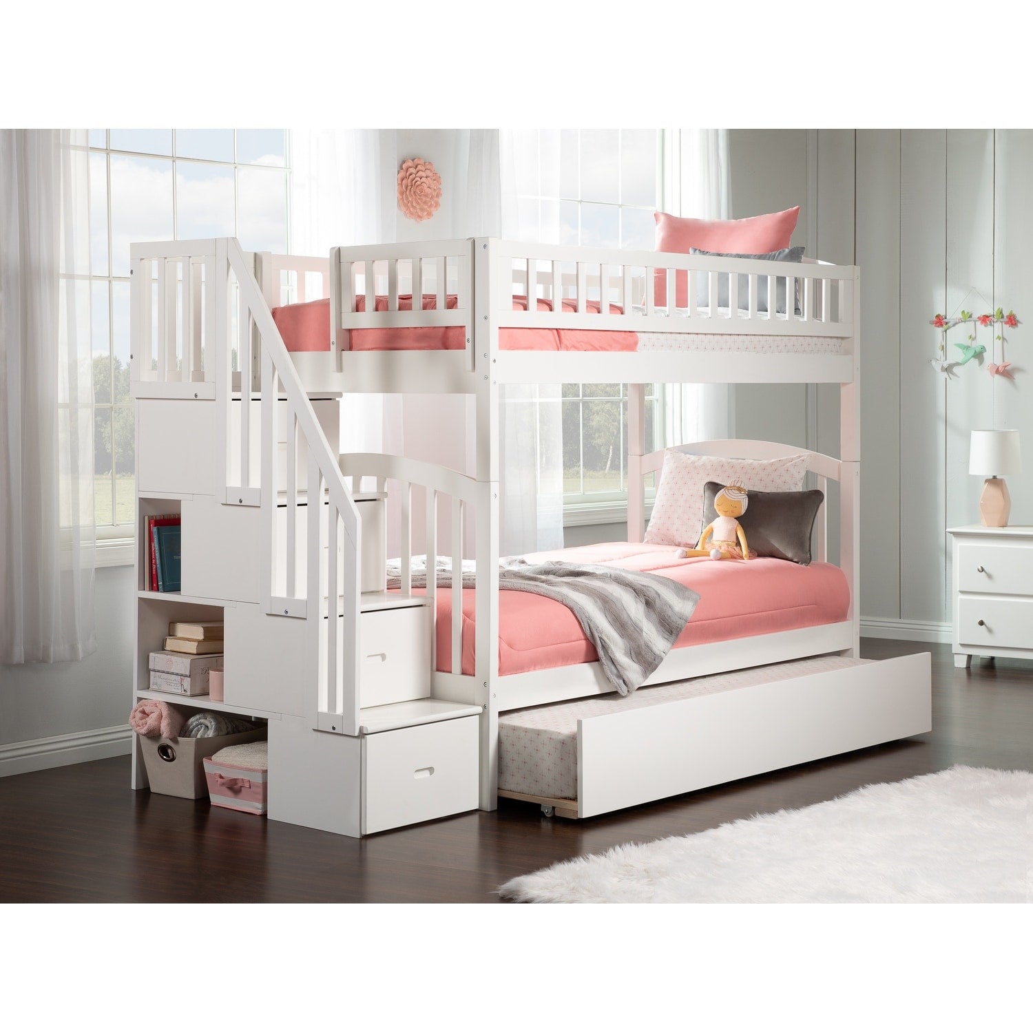 Westbrook Staircase Bunk Twin Twin With Twin Size Trundle Bed White