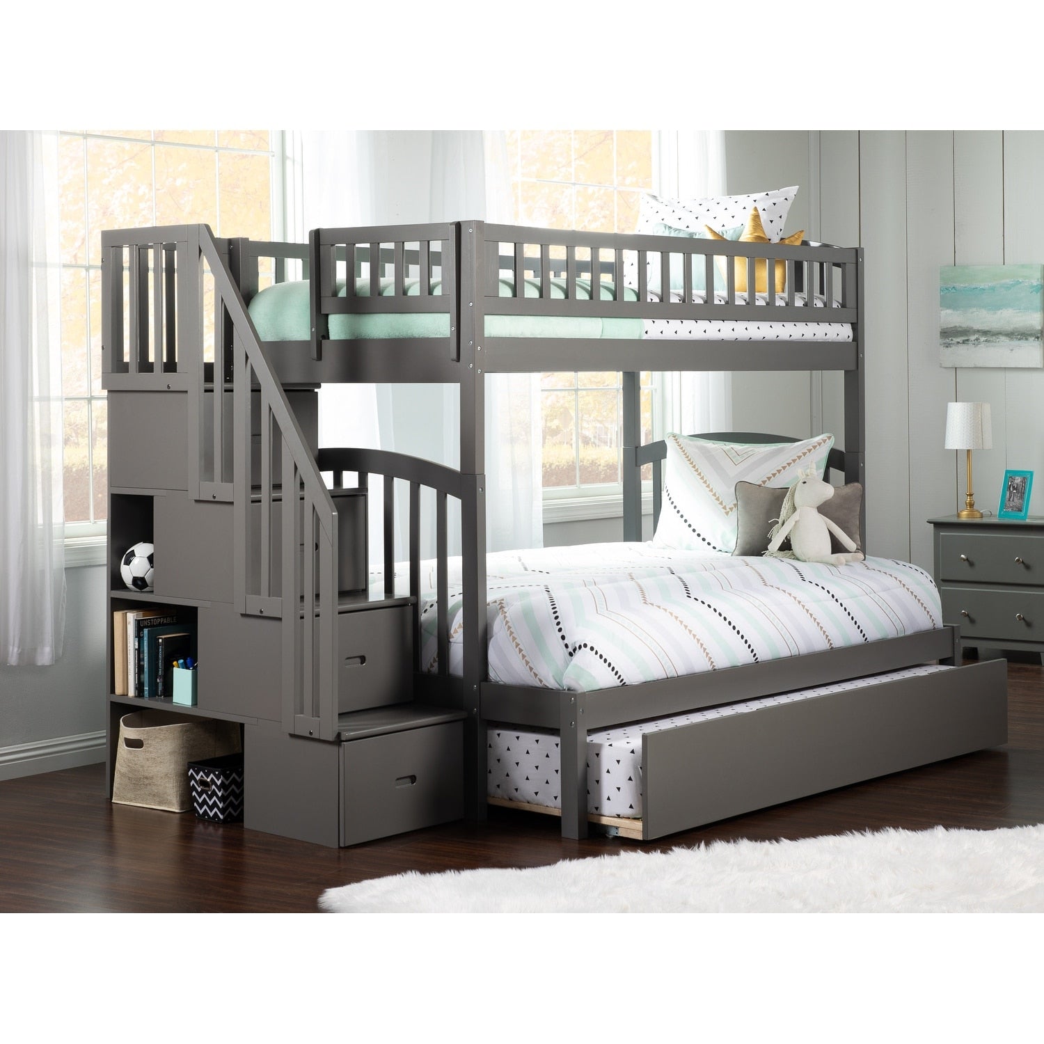 Westbrook Staircase Bunk Twin Full With Twin Size Trundle Bed Grey