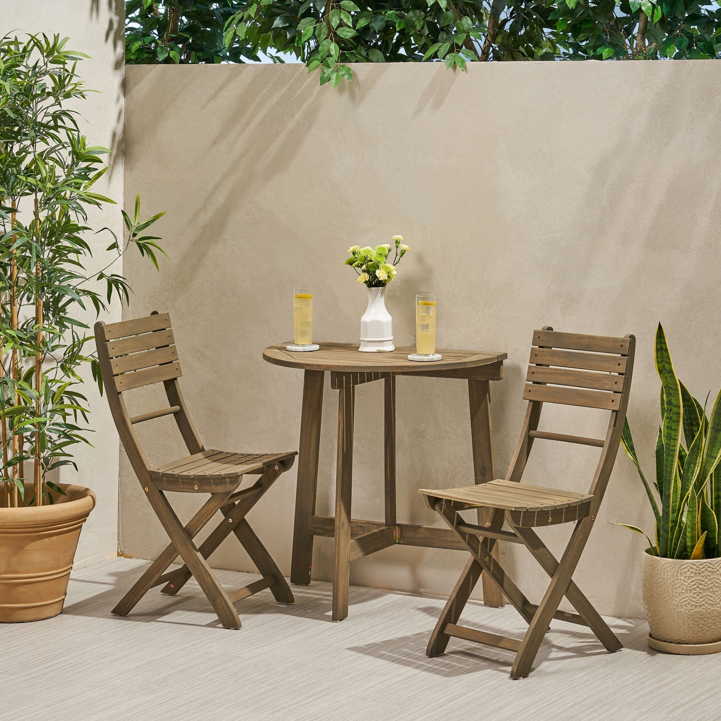 Westmount Outdoor 2 Seater Acacia Wood Half Round Bistro Table Set With Folding Chairs By Christopher Knight Home