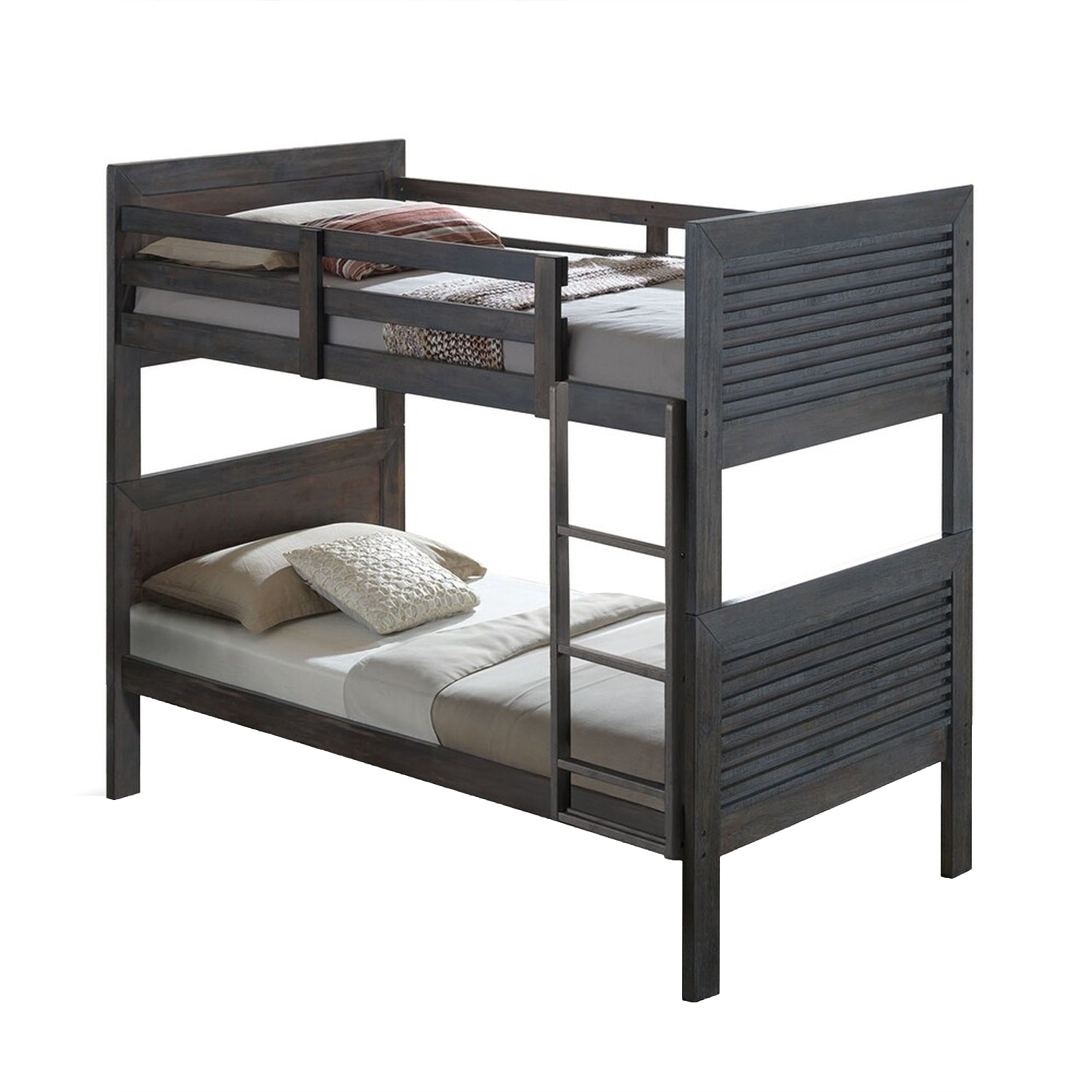 Wexo Twin Over Twin Bunk Bed Charcoal Brown Slat Design And Ladder