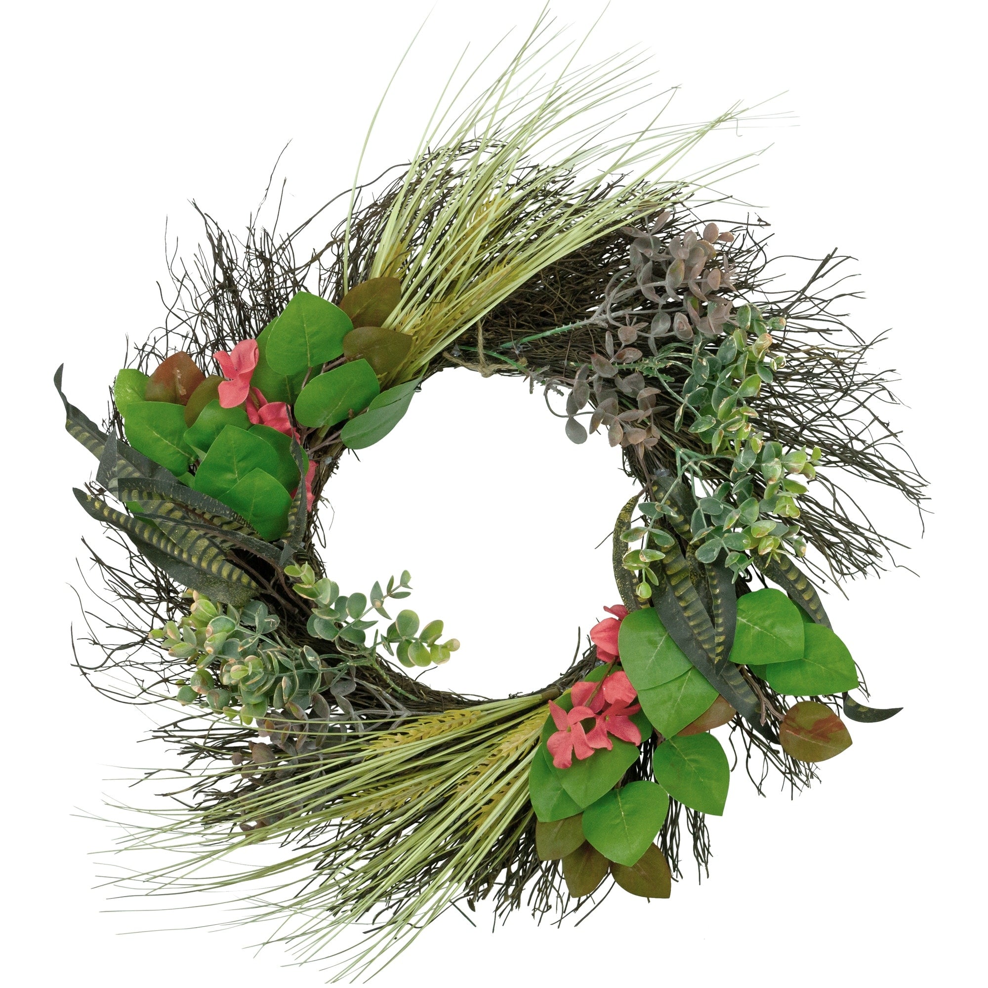 Wheat With Green Eucalyptus And Striped Feathers Spiral Vine Wreath 22 Unlit