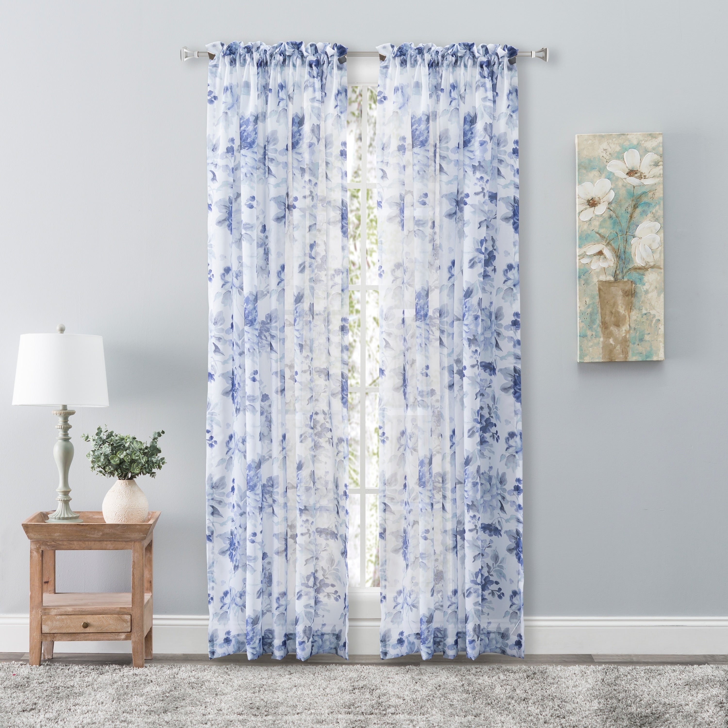 Whimsical Semi Sheer Floral Rod Pocket Curtain Panel 54 W X 63 L
