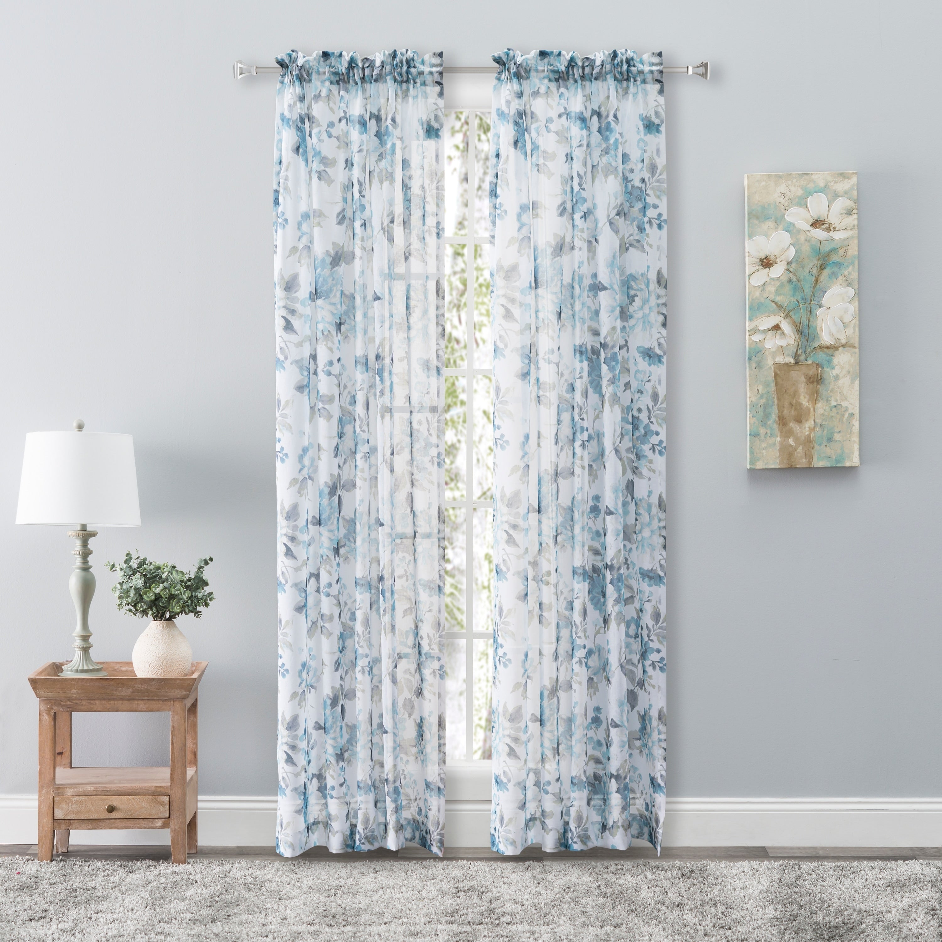 Whimsical Semi Sheer Floral Rod Pocket Curtain Panel 54 W X 63 L