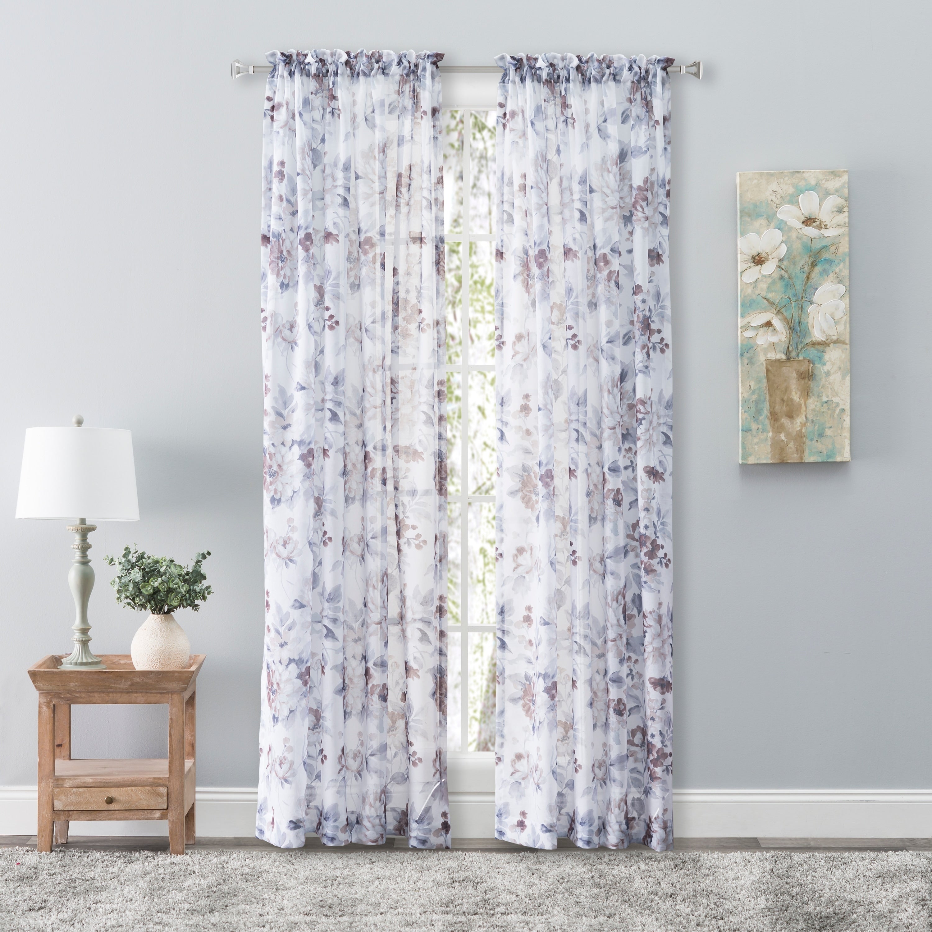 Whimsical Semi Sheer Floral Rod Pocket Curtain Panel 54 W X 63 L