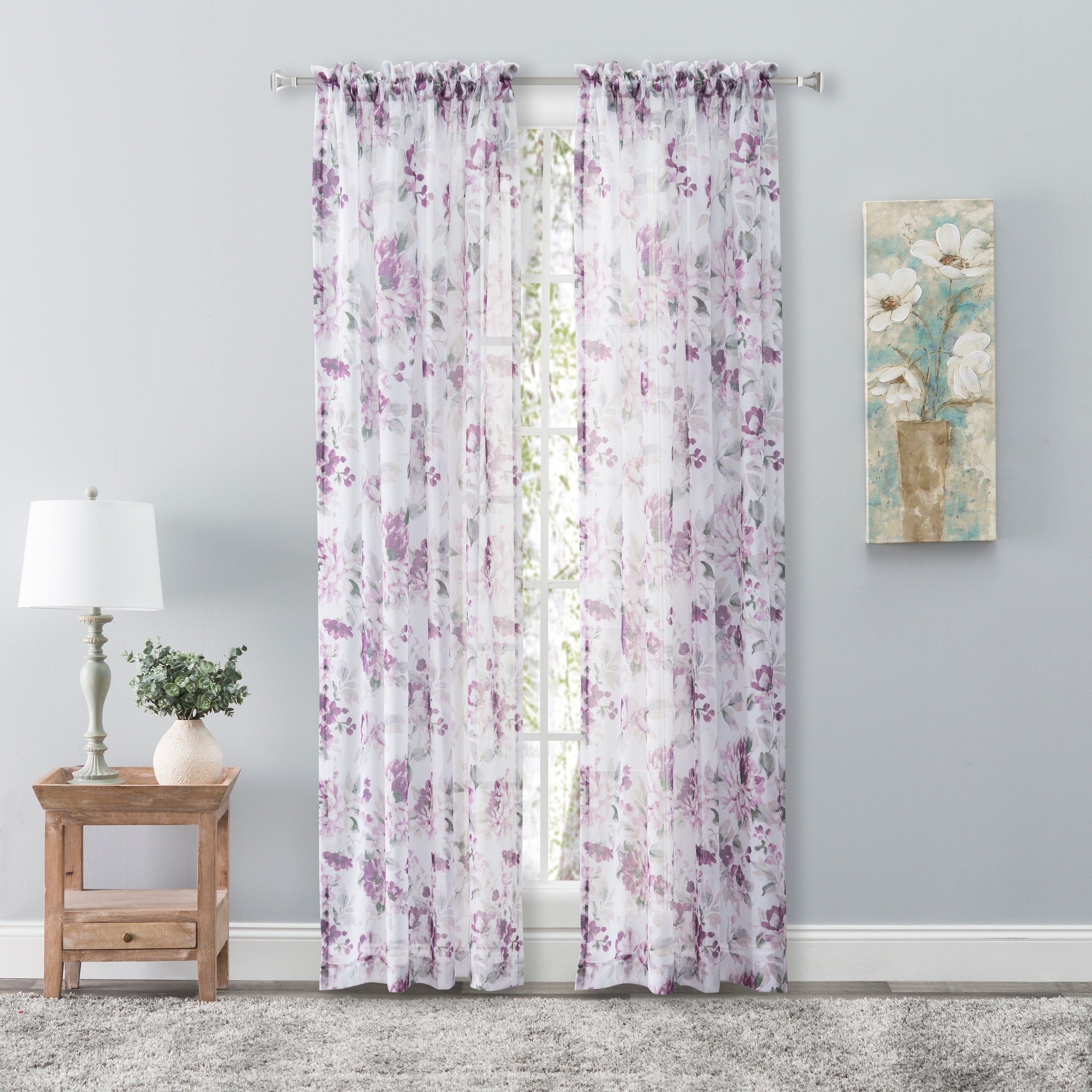 Whimsical Semi Sheer Floral Rod Pocket Curtain Panel 54 W X 63 L