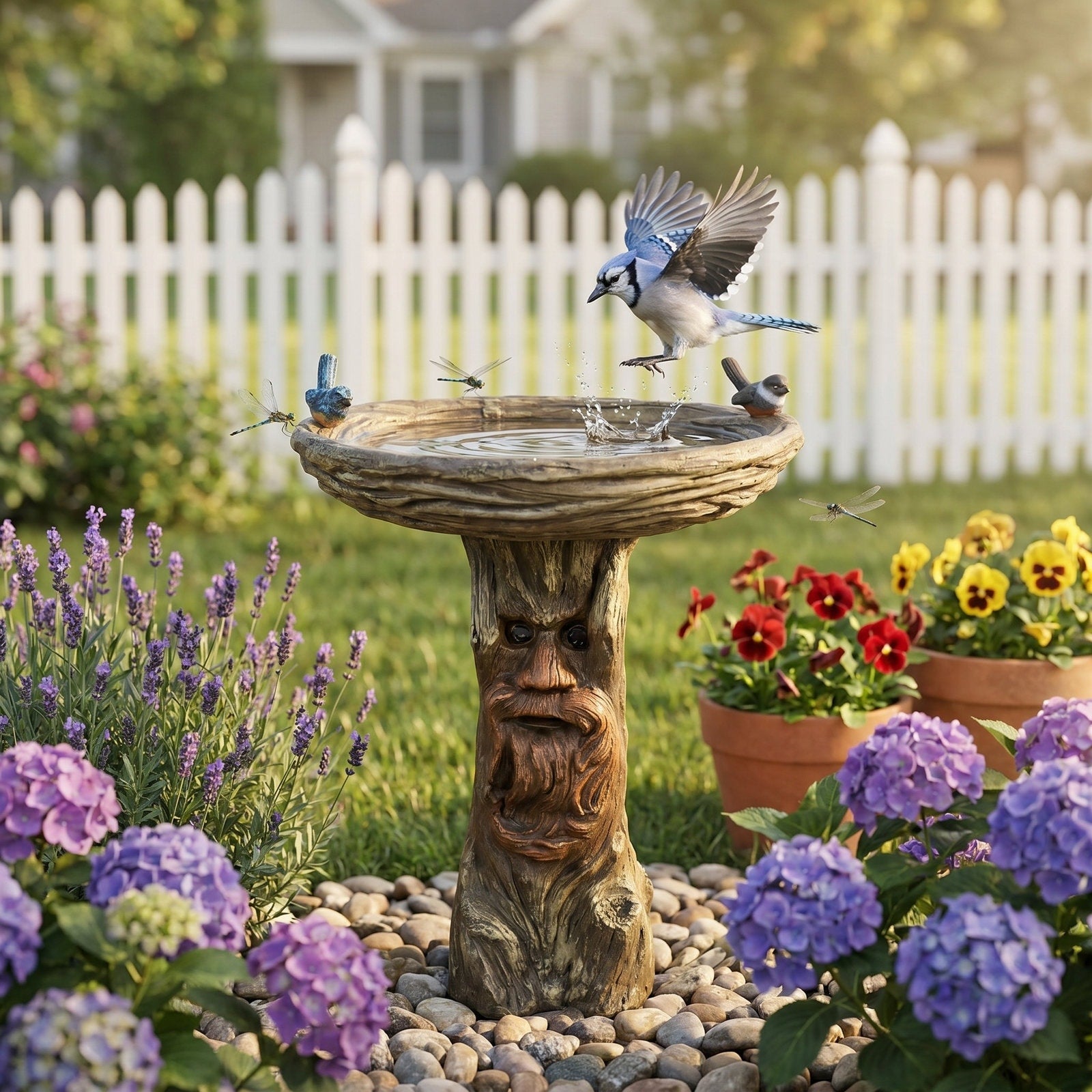 Whimsical Tree Face Bird Bath Fibre Reinforced Concrete Outdoor Decor