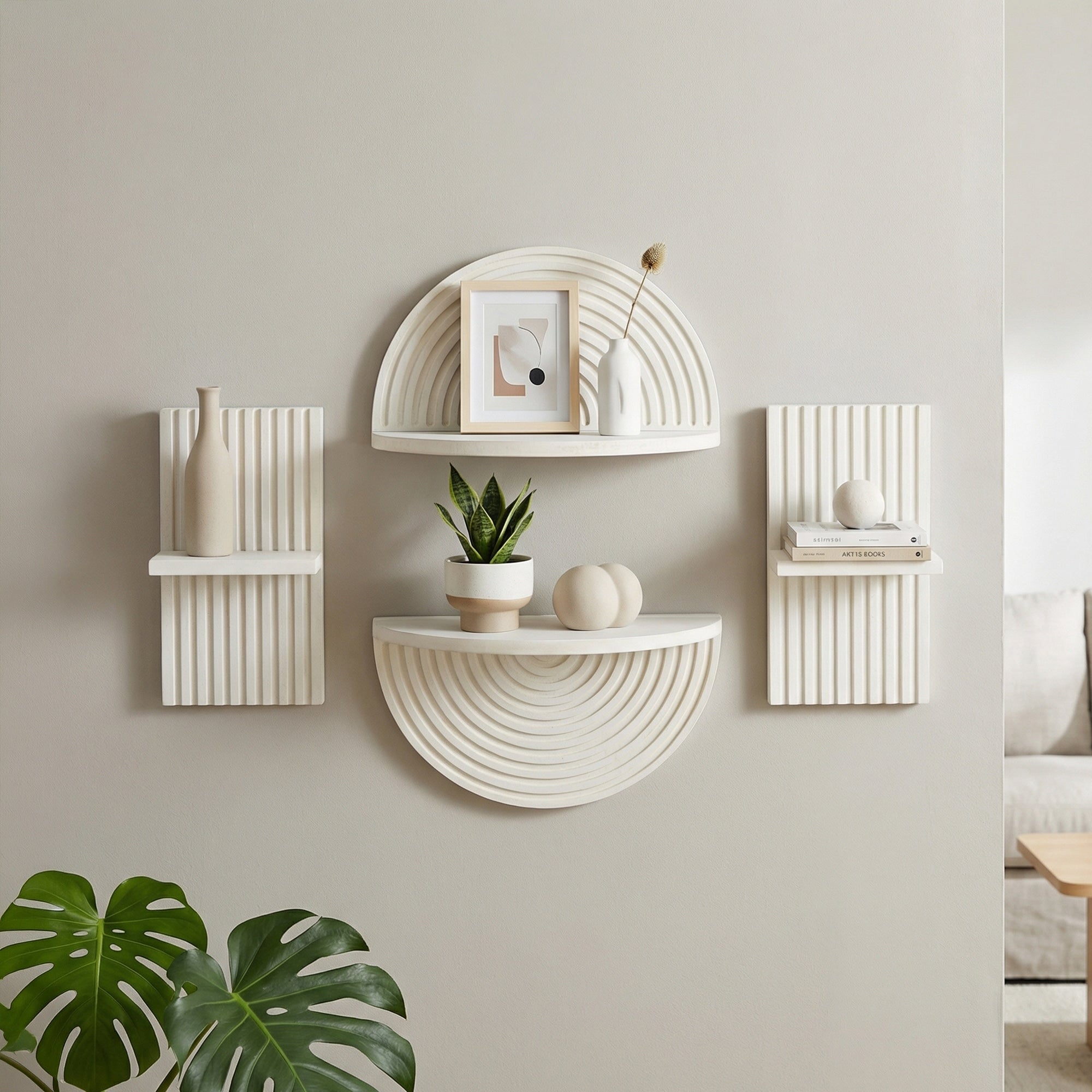 White Boho Arched Lunar Ledges 4 Piece Modular Wood Floating Wall Shelf Set With Fluted Design 6.62 H X 11.75 L X 5 D