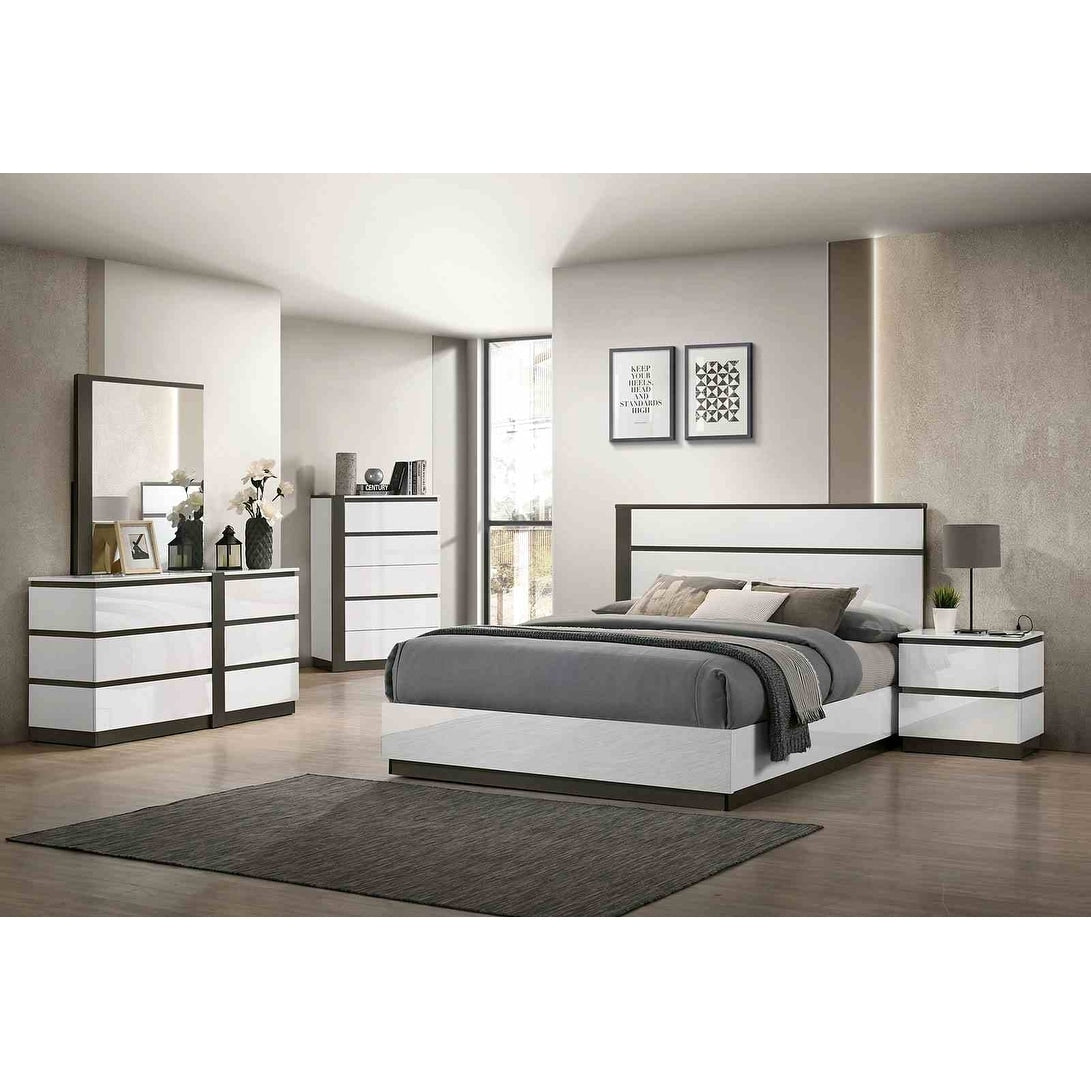 White Contemporary Solid Wood Usb Port High Gloss Bedroom Set