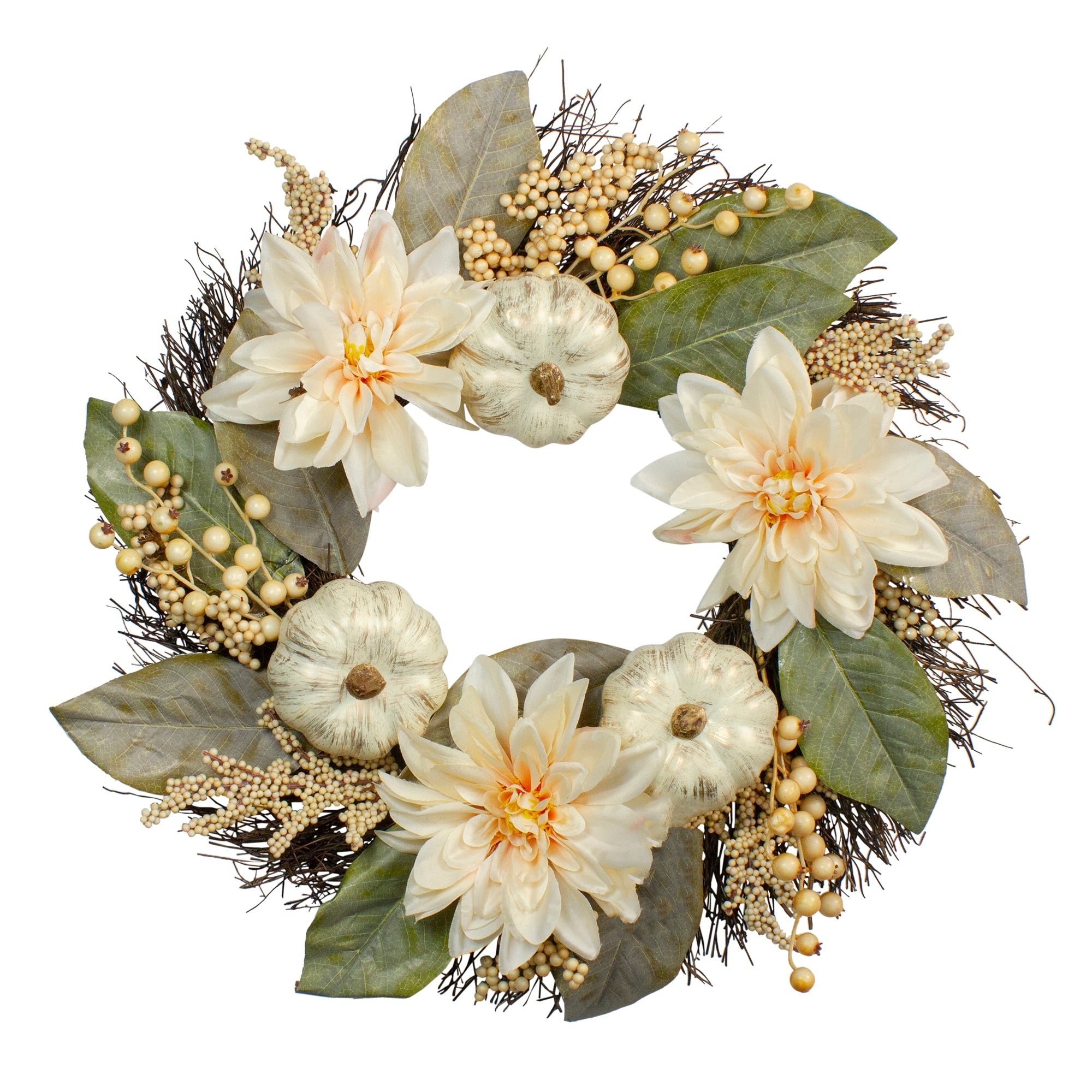 White Dahlia And Pumpkin Spiraled Vine Wreath 22 Unlit N A