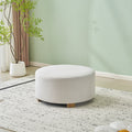 White Fabric Round Ottoman With Wooden Legs Minimalist Home Decor