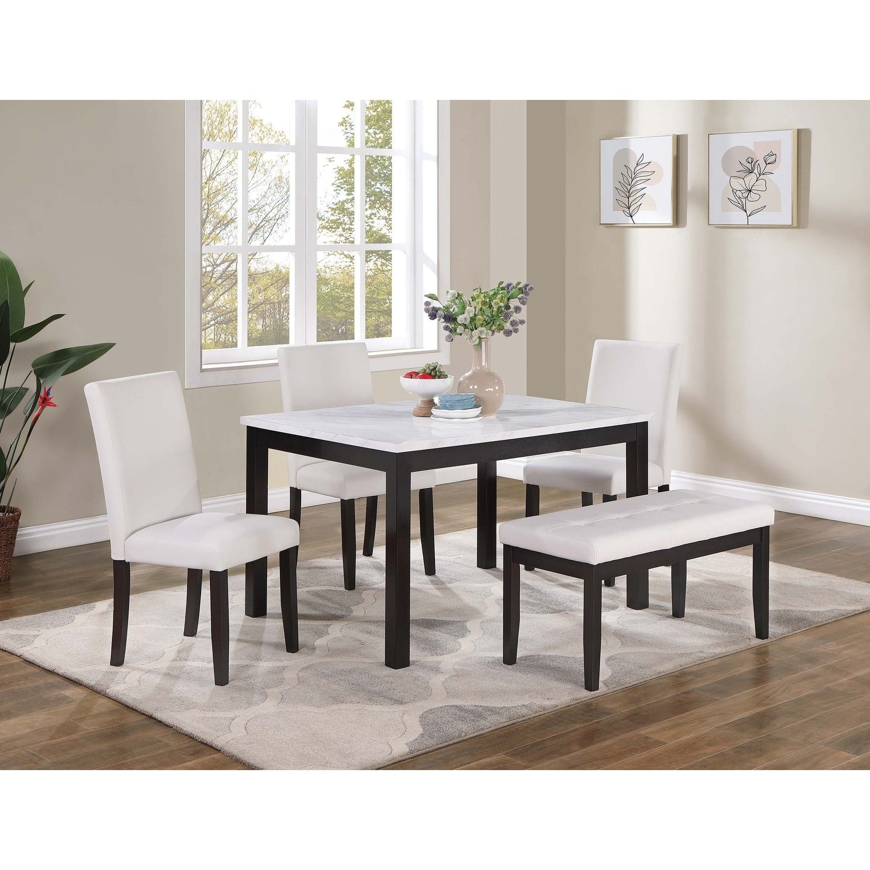 White Finish 5Pc Dining Set 1X Table 1X Bench 3X Upholstered Chairs
