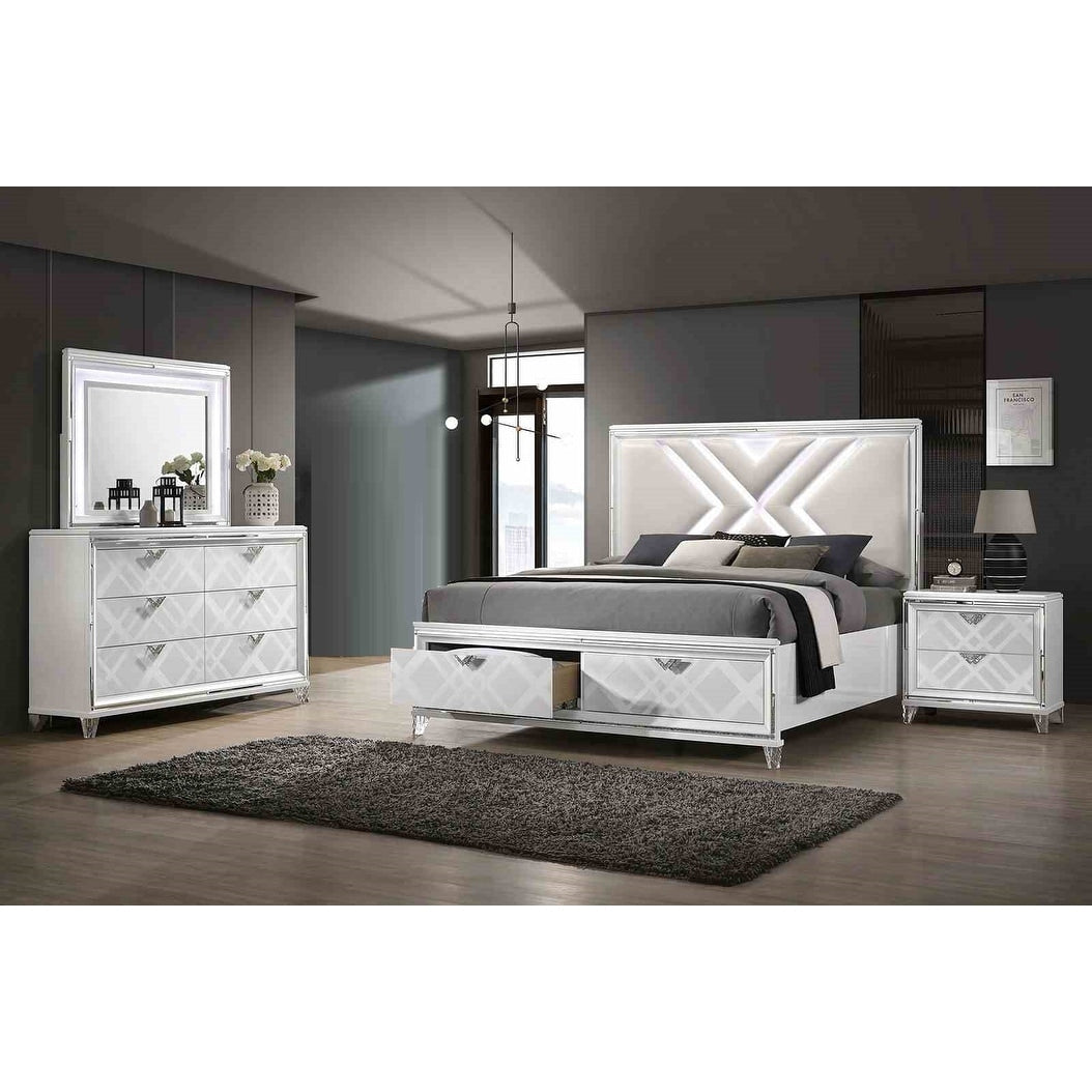 White Finish Modern Solid Wood Bedroom Furniture Set W Usb Port