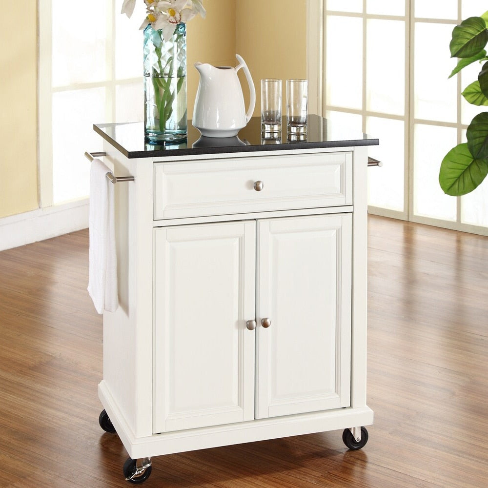 White Finish Solid Black Granite Top Kitchen Cart Island