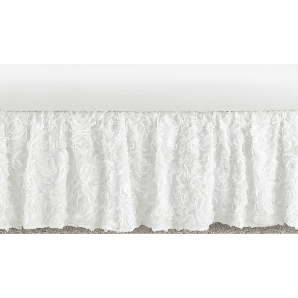 White Floral Rose Girl Crib Bed Skirt Solid Flower Luxurious Elegant Princess Vintage Boho Shabby Chic Luxury Glam Roses