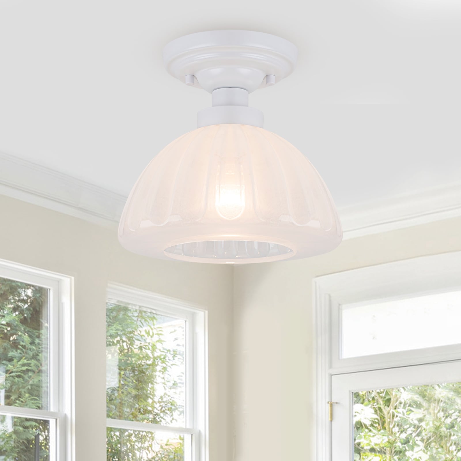 White Flush Mount Ceiling Light With Ribbed Cloud Glass Dome Shade Dia.9.65 In