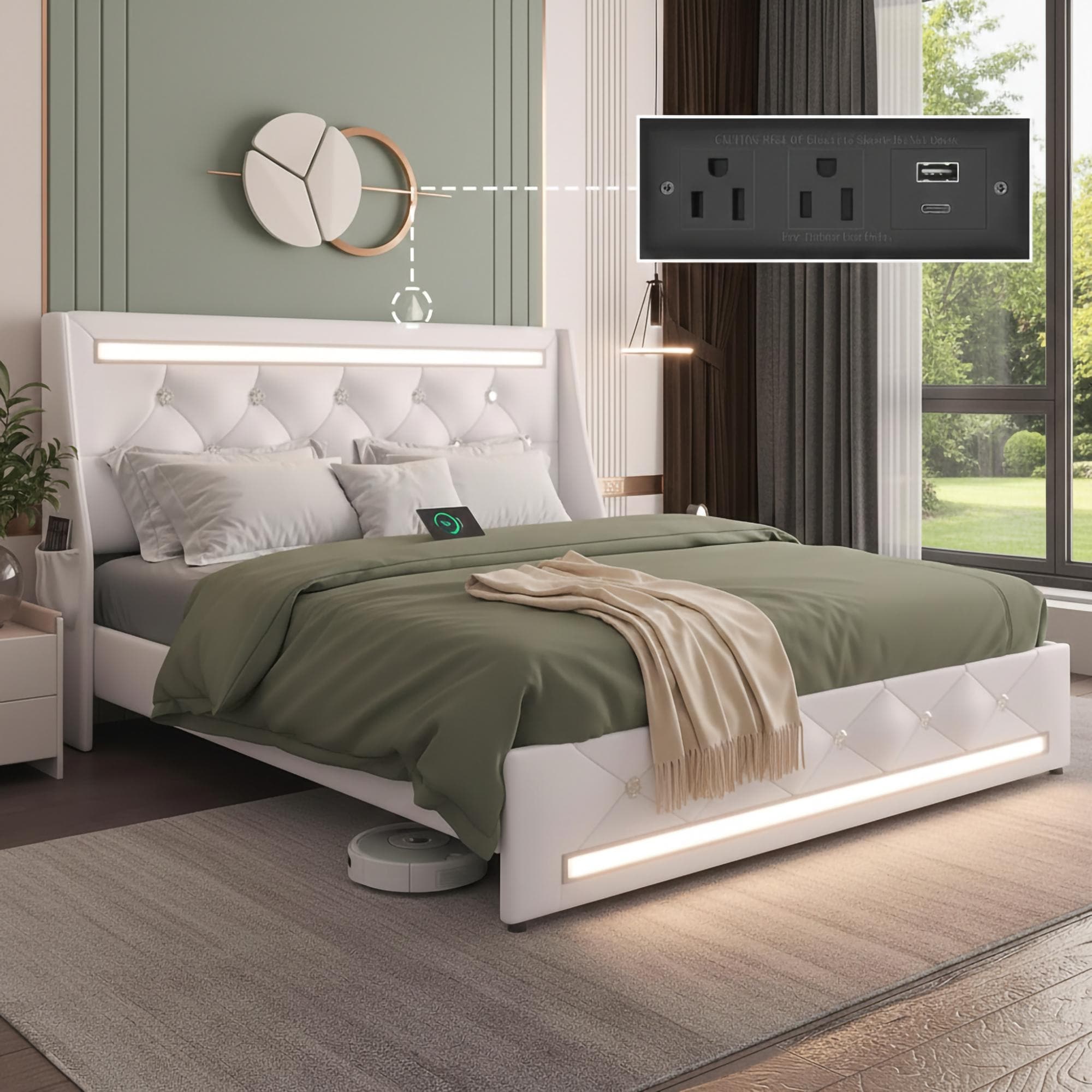 White Full Size Bed Frame With Led Lights Upholstered Headboard