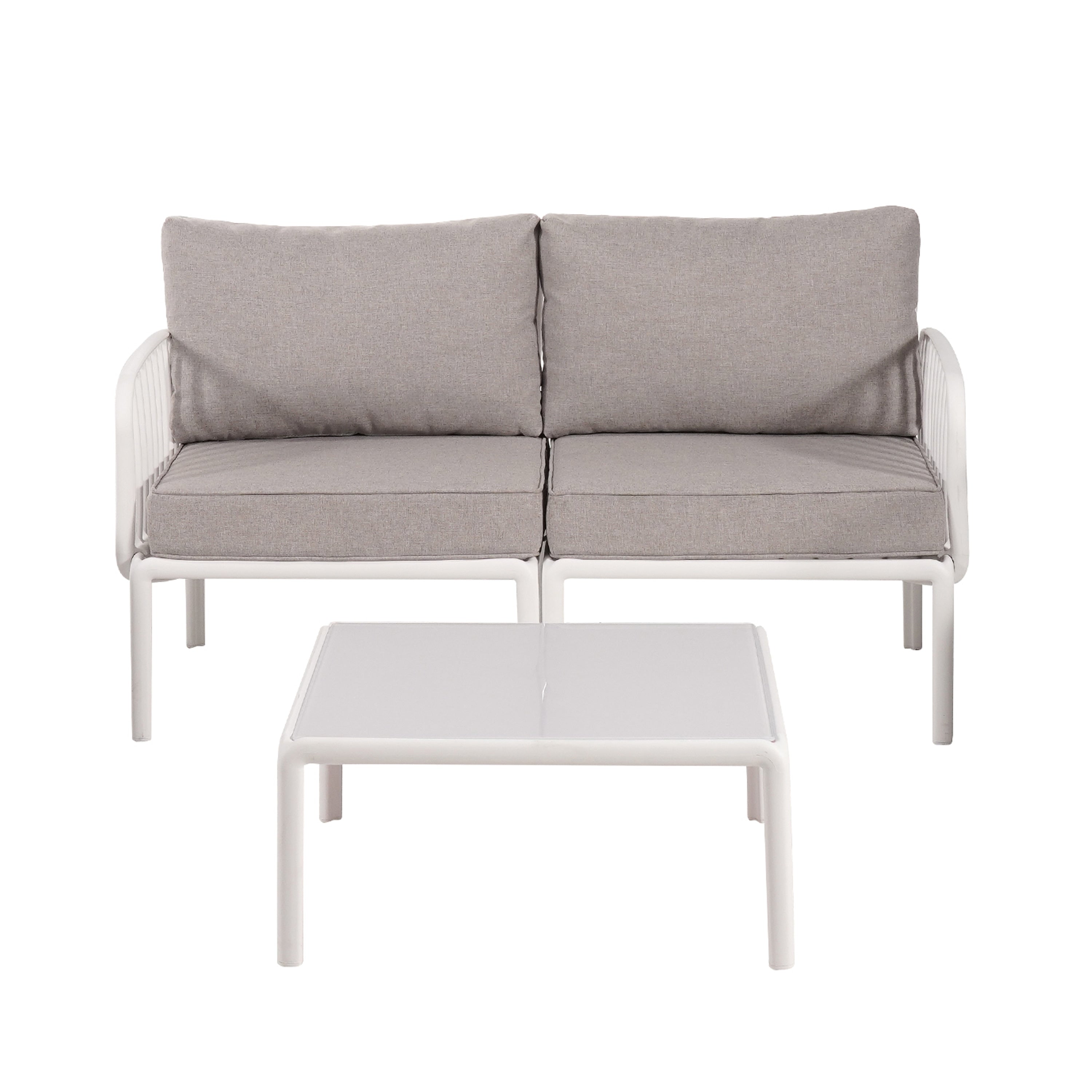 White Gray Patio Conversation Set With Square Coffee Table Outdoor Chat Set With Upholstered Loveseat