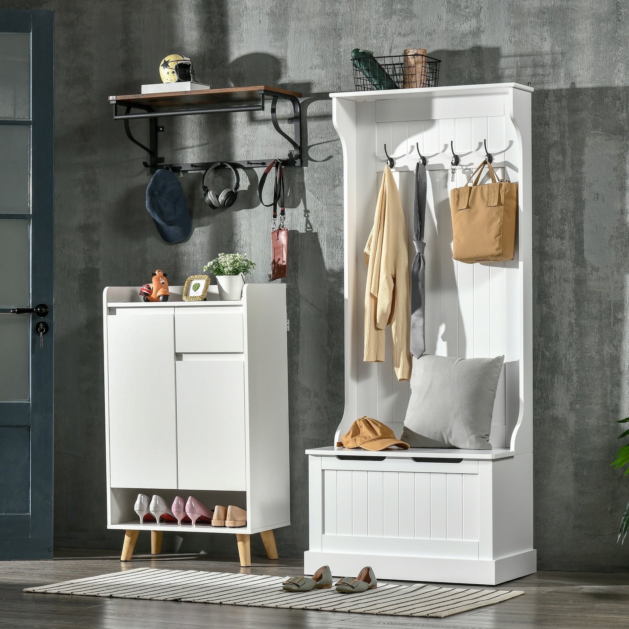 White Hall Tree With Coat Rack Storage Bench Hallway Bench Shoe Bench Entryway Bench Corridor Bench