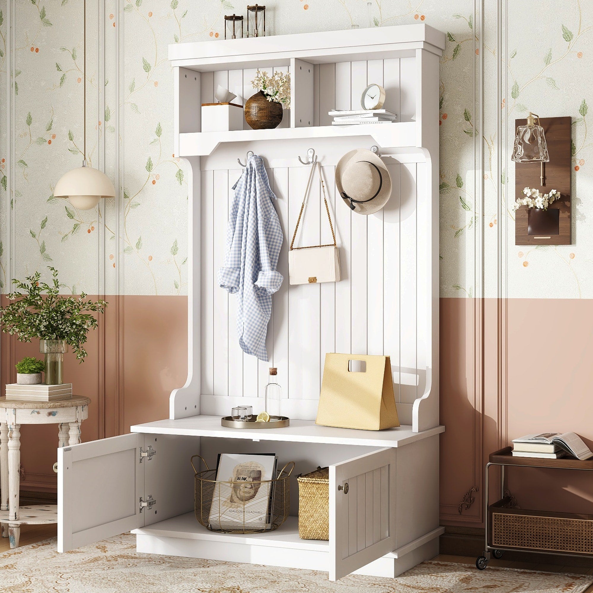White Hall Tree With Storage Bench Shoe Bench For Entryway And Hallway Modern Coat Racks With Hooks