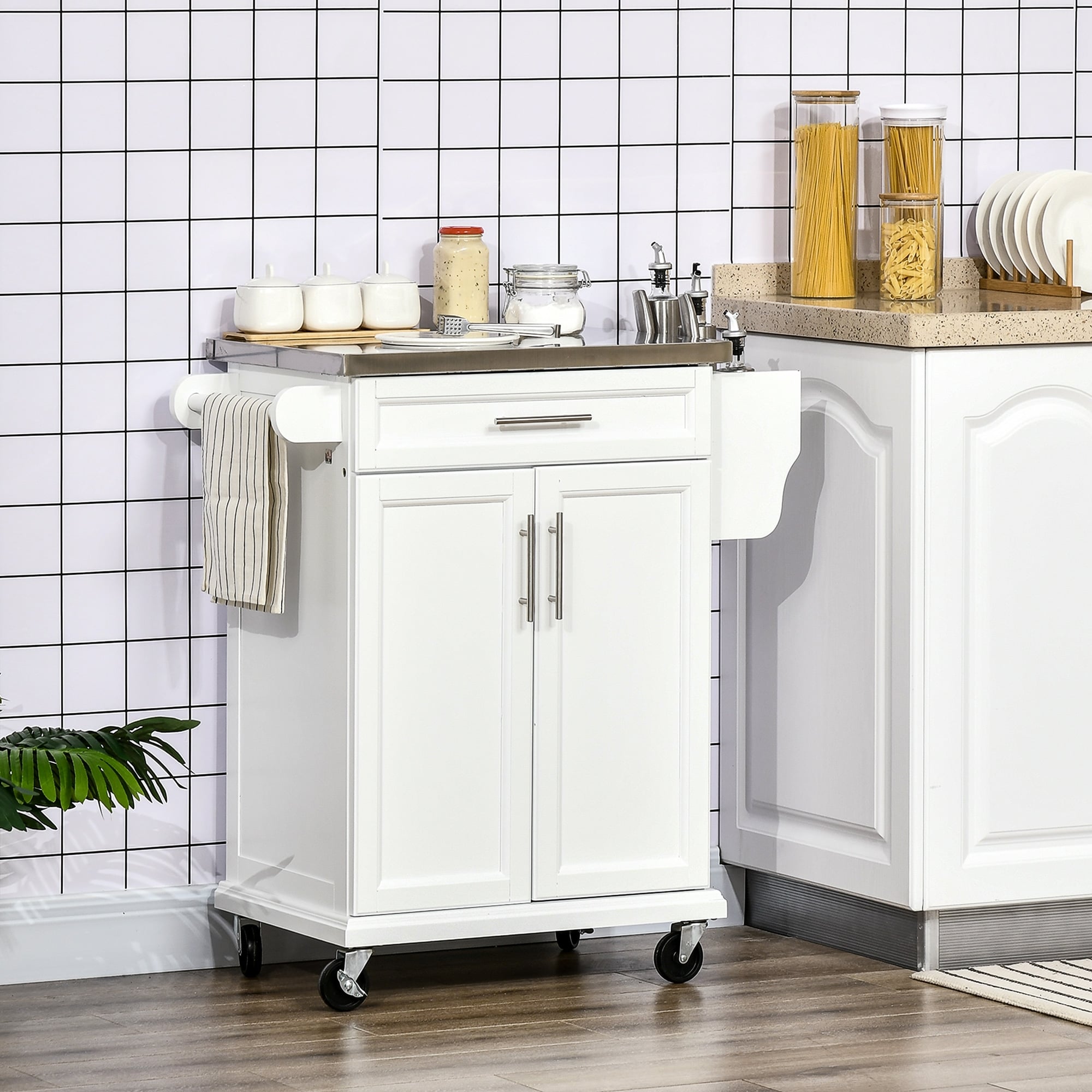 White Kitchen Island With Drawer Cabinet Rolling Kitchen Cart Mobile Kitchen Island With 4 Wheels Towel Rack