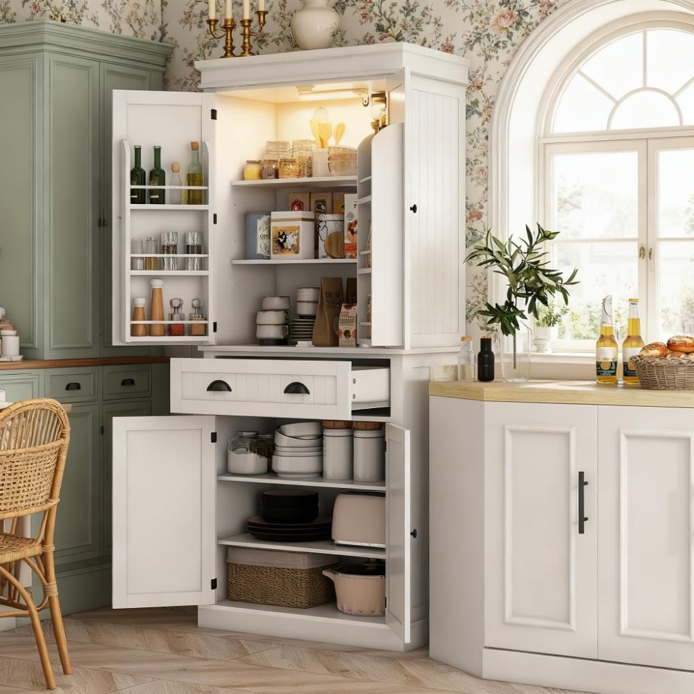 White Kitchen Pantry Cabinet Sideboard With Led Lights Corner Cabinet Base Cabinet With Drawer Adjustable Shelves