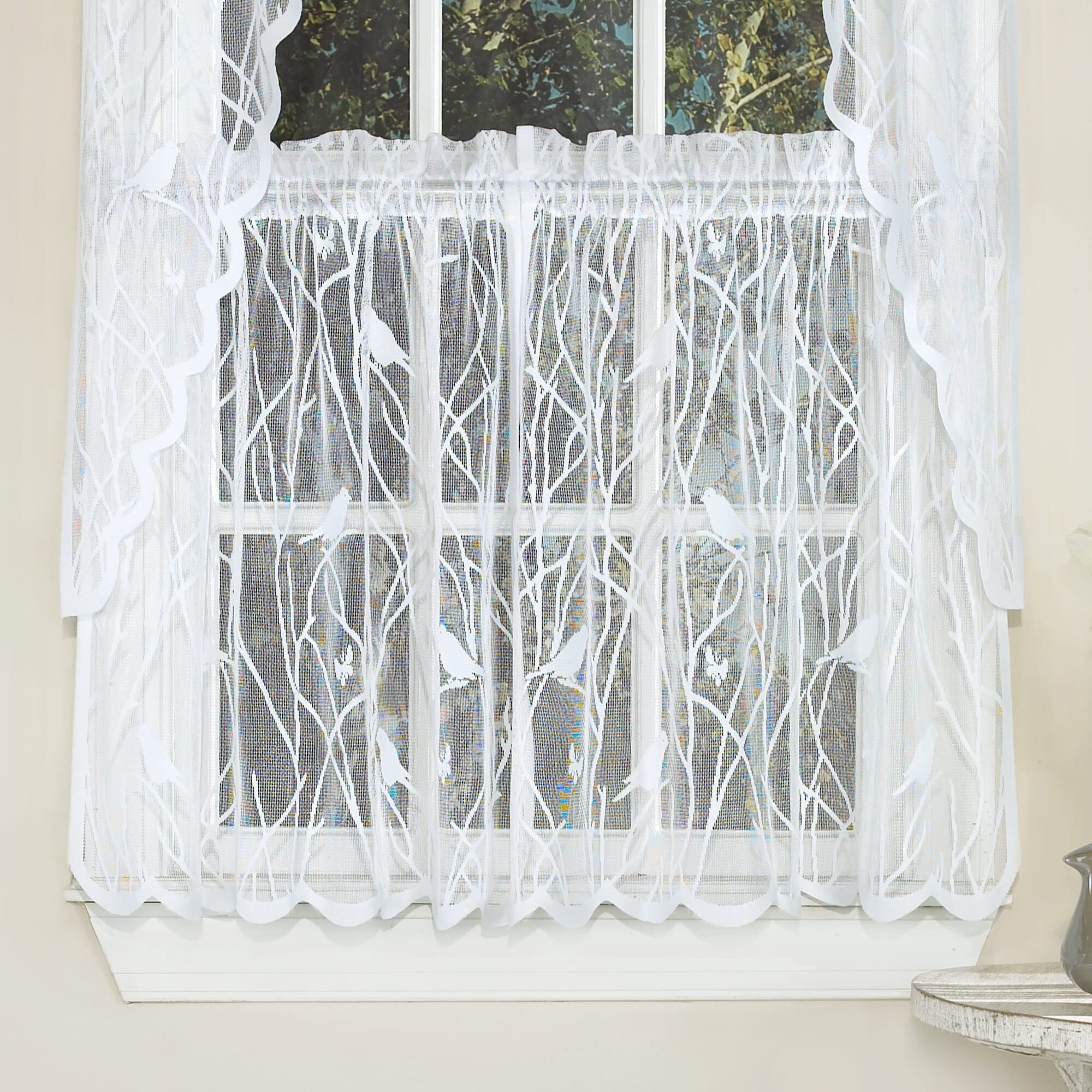 White Knit Lace Bird Motif Window Curtain Tiers Valance And Swag Pair Options