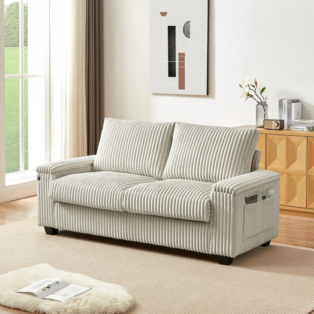 White Lounge Sleeper Bed Loveseat Sofa With Storage Usb Port 2 Seater Sofa Couch With Square Armrests