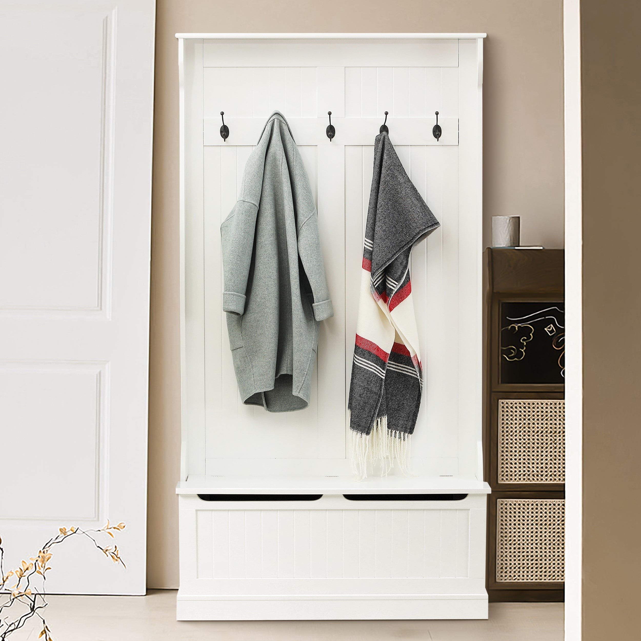 White Mdf Hall Tree With Storage Bench