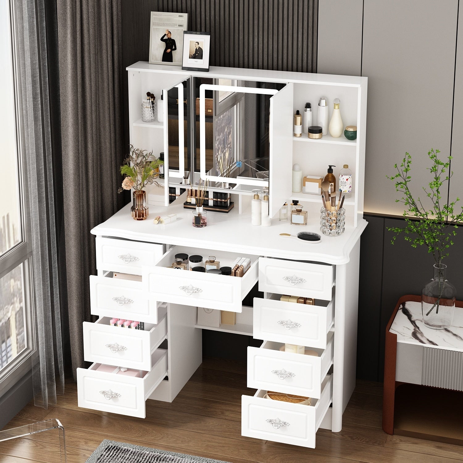 White Makeup Vanity Desk With Led Mirror 9 Drawer Vanity Table With Storage Cabinets For Bedroom