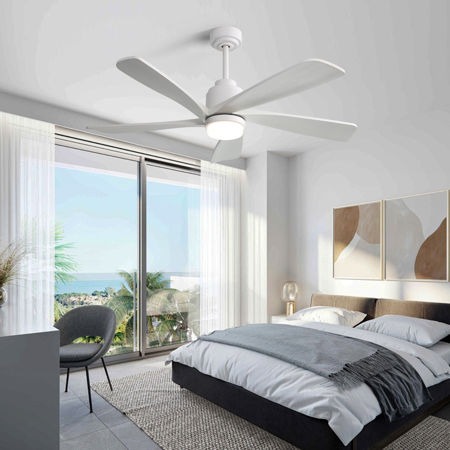 White Modern Flush Mount Ceiling Fan With Dimmable Led Light