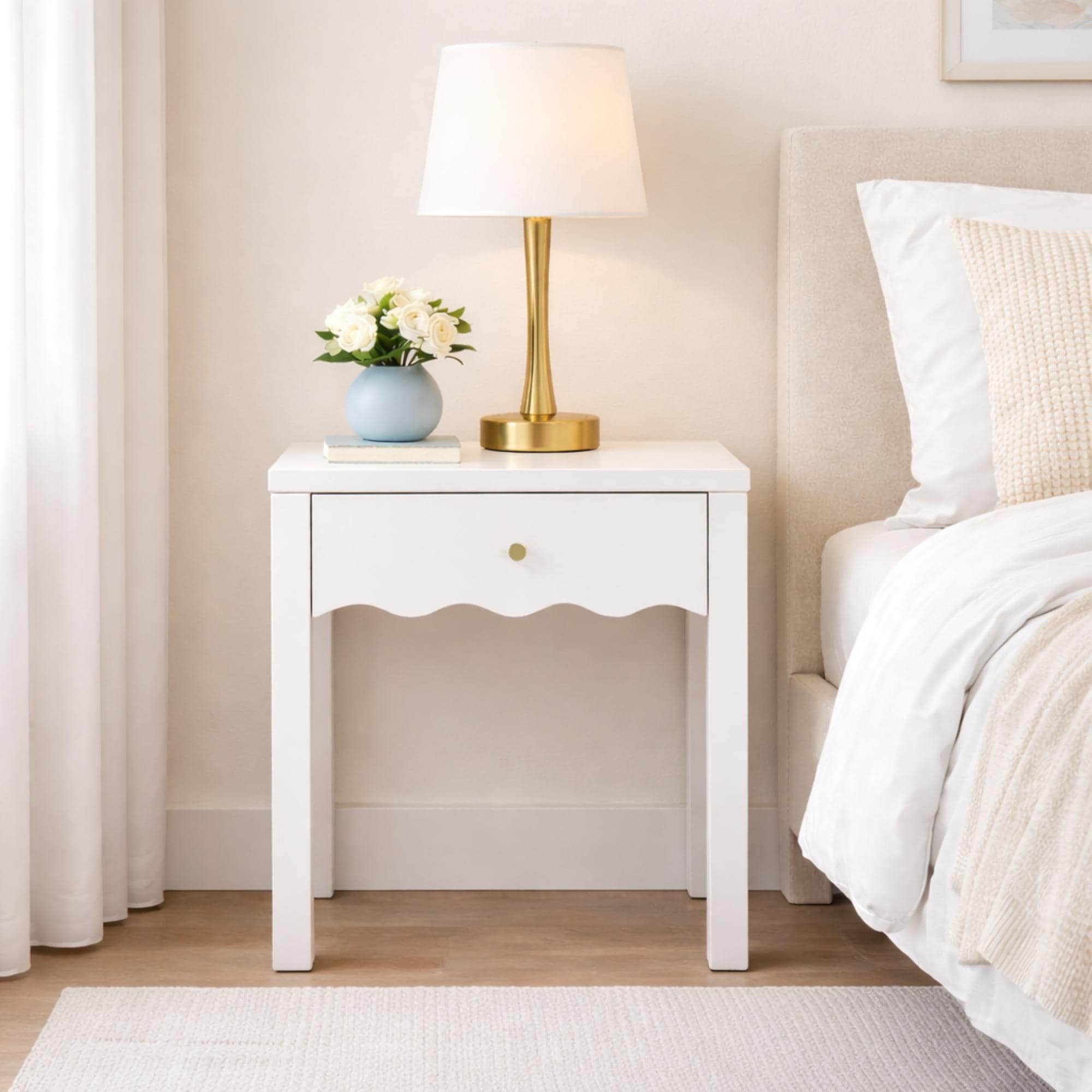 White Nightstand With Drawer Modern Bedside Table With Wavy Apron Design Compact End Table Small Side Table With Storage