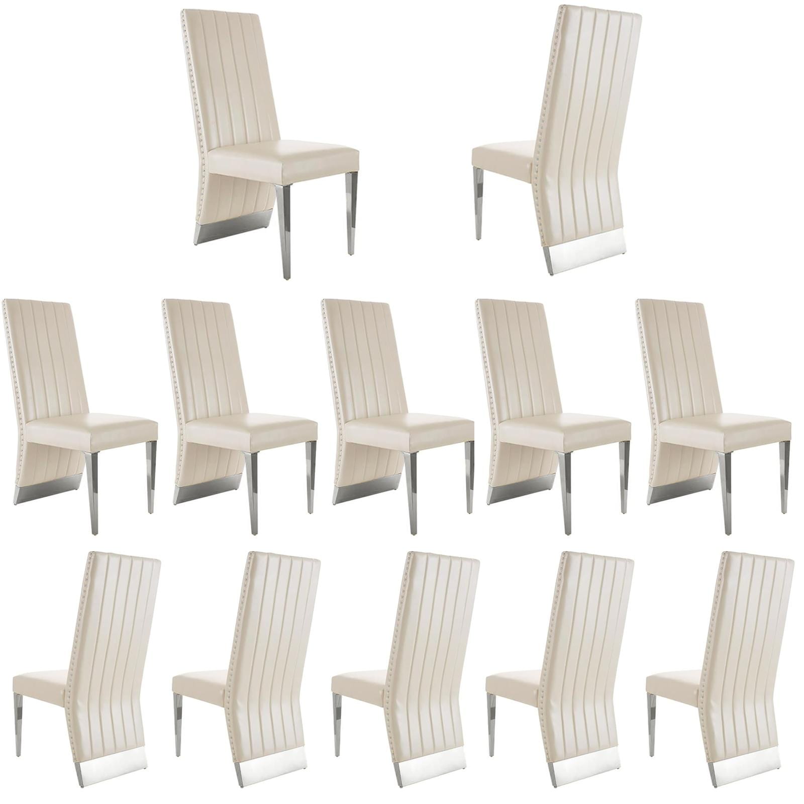 White Pu Leather Dining Chairs With Nail Head Trims And Mirrored Silver Metal Legs
