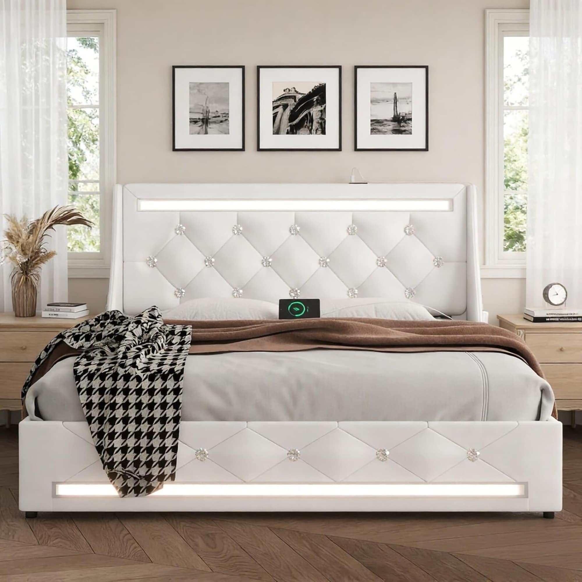 White Queen Size Bed Frame With Wingback Upholstered Diamond Headboard