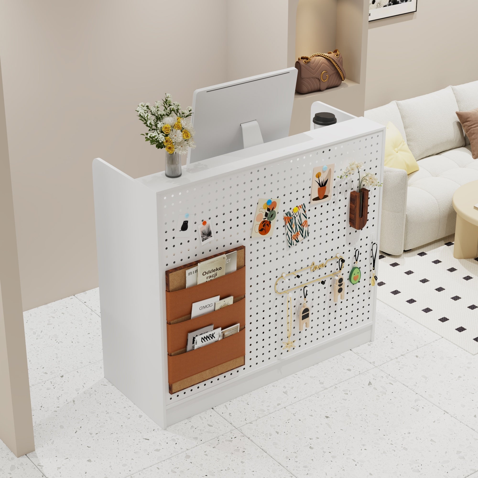 White Reception Desk With Pegboard Front Lockable Drawers Storage Cabinet Retail Checkout Counter For Boutique Shop