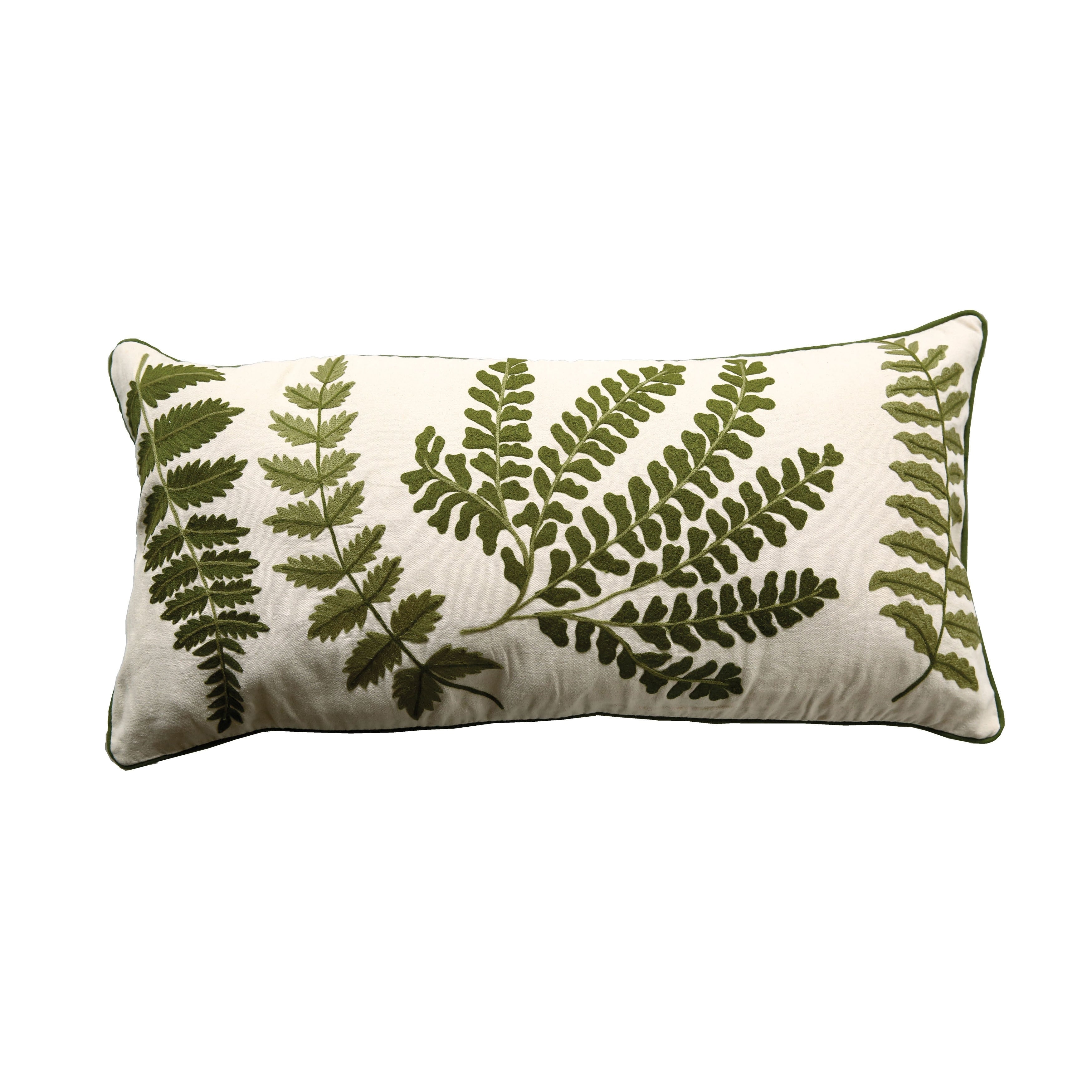 White Rectangle Cotton Pillow With Embroidered Green Ferns