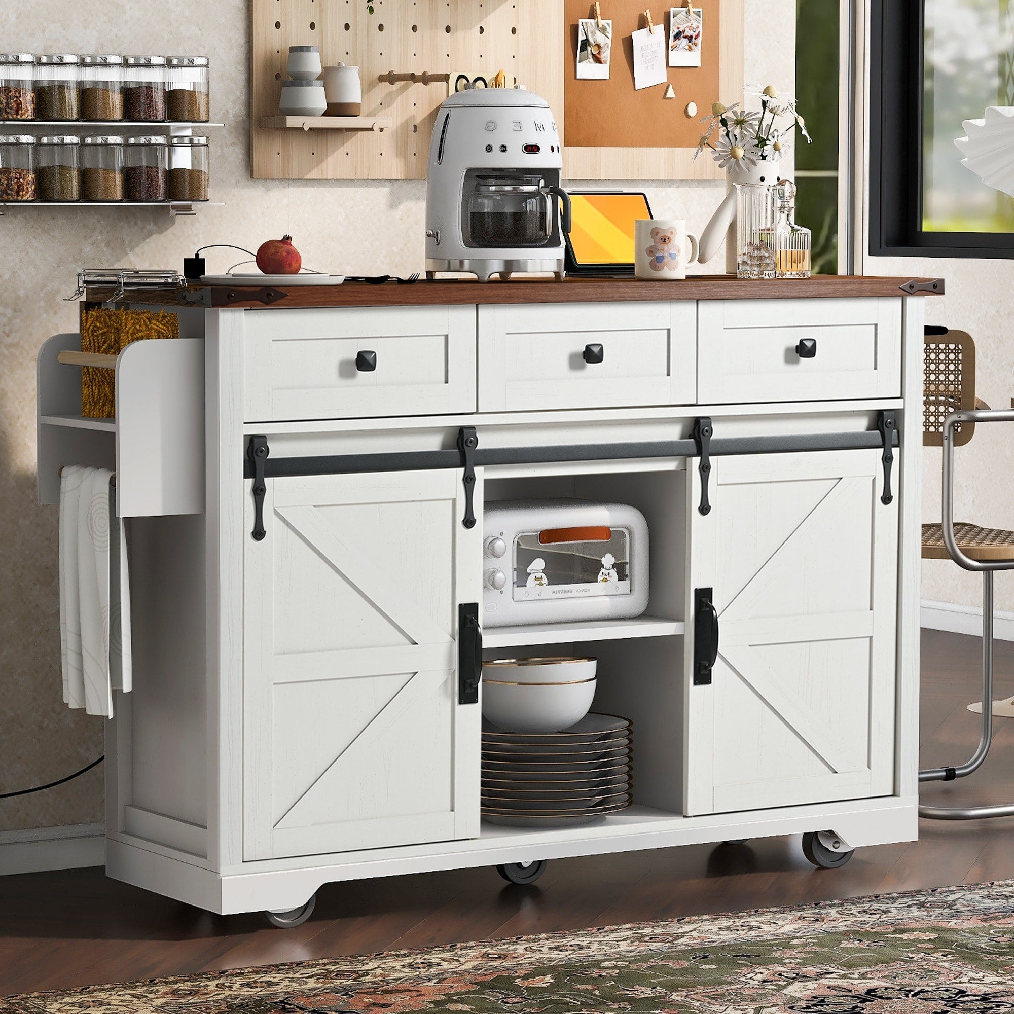 White Rolling Kitchen Cart With 3 Drawers Drop Leaf Kitchen Island Kitchen Storage Cart With Power Outlet