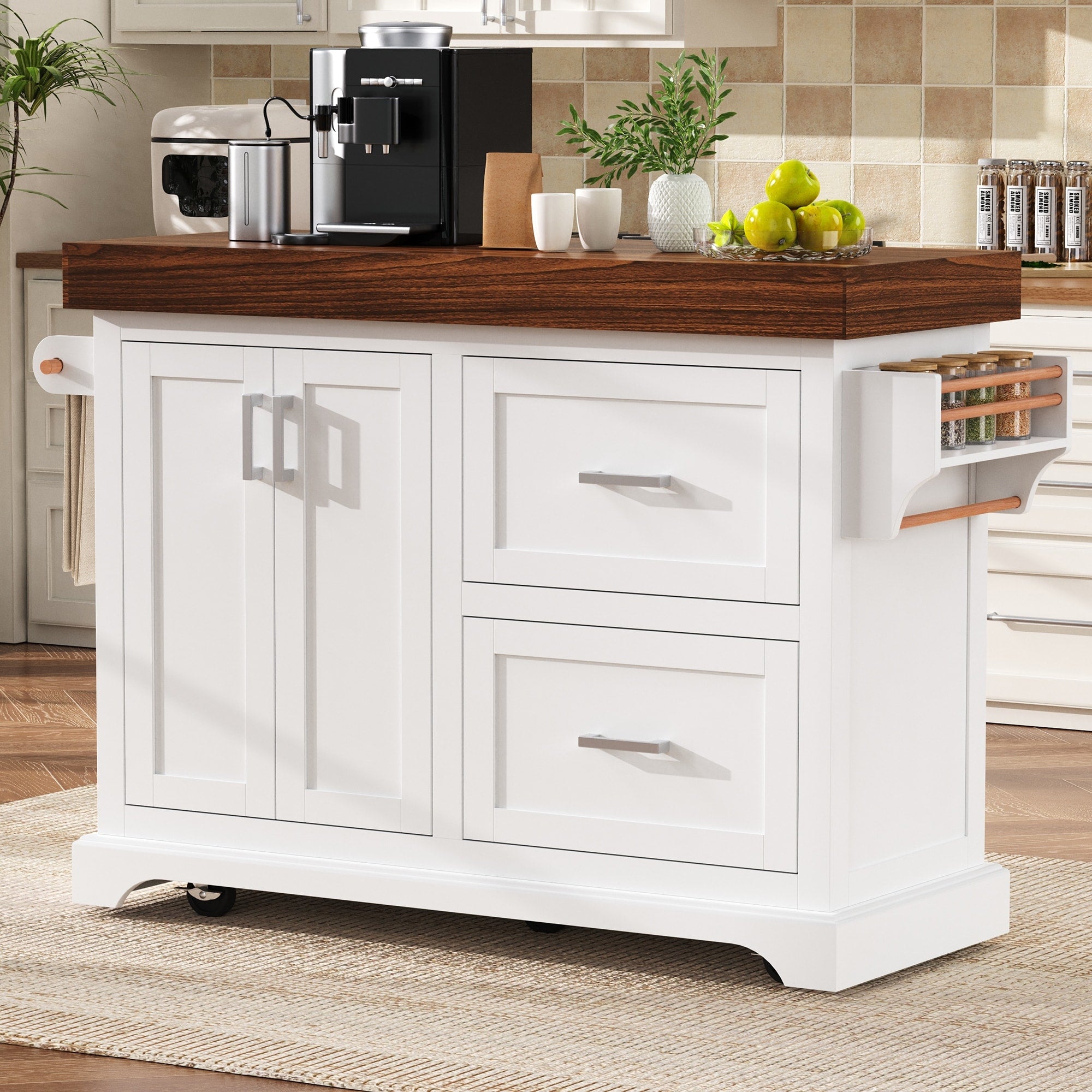 White Rolling Kitchen Island With Adjustable Shelf Spice Rack Mobile Kitchen Cart Expandable Kitchen Island On Wheels