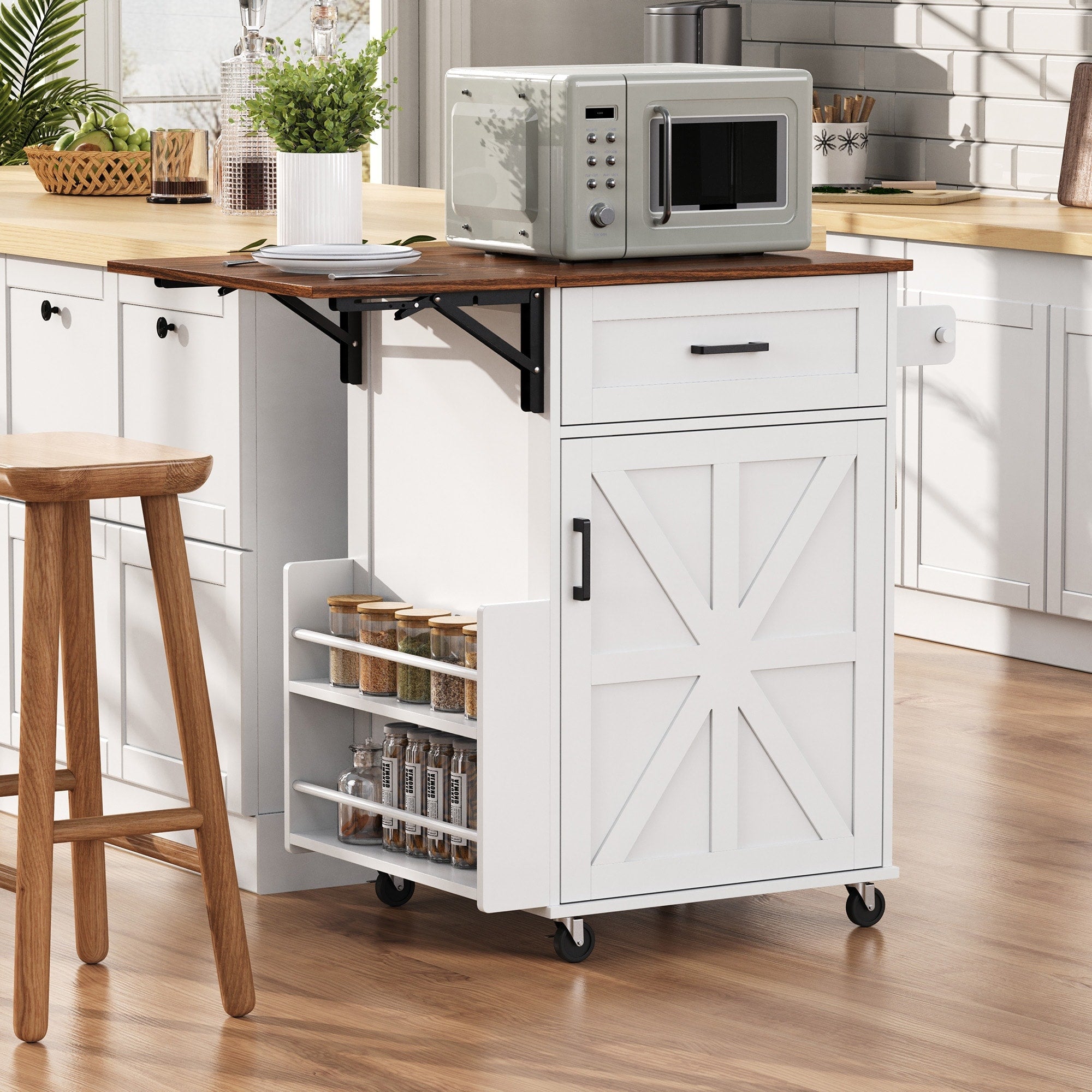 White Rolling Kitchen Island With Drop Leaf Adjustable Shelf Mobile Kitchen Cart With Foldable Drop Leaf